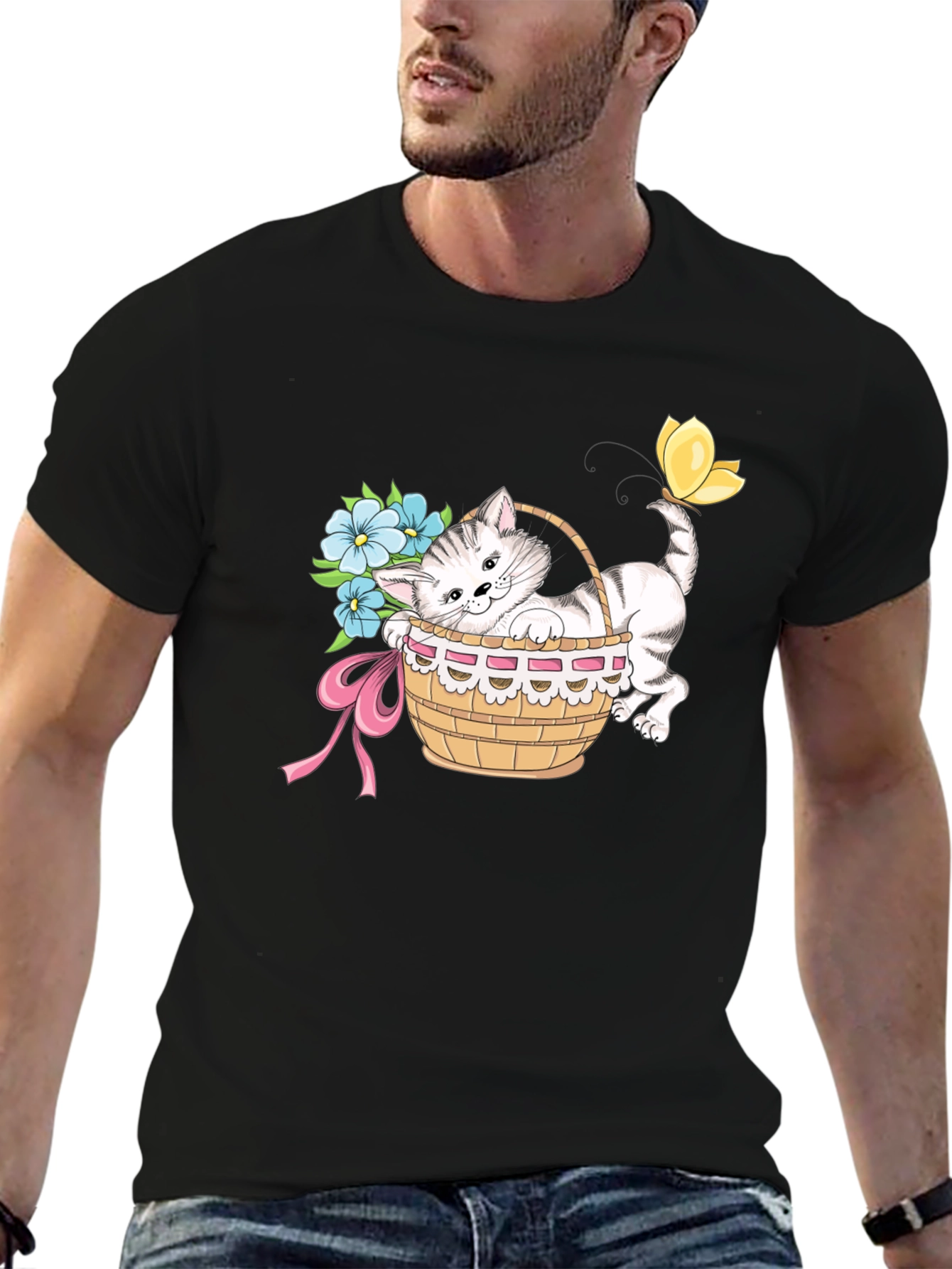 Cute Kitten in Basket T-Shirt - Unisex Black Tee