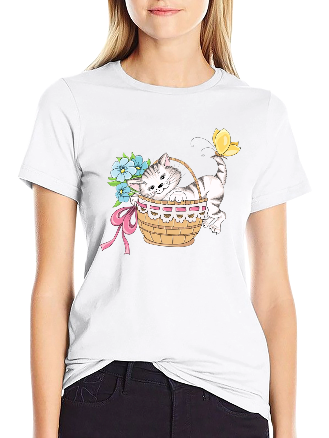 Cute Kitten in Basket T-Shirt - Unisex Black Tee