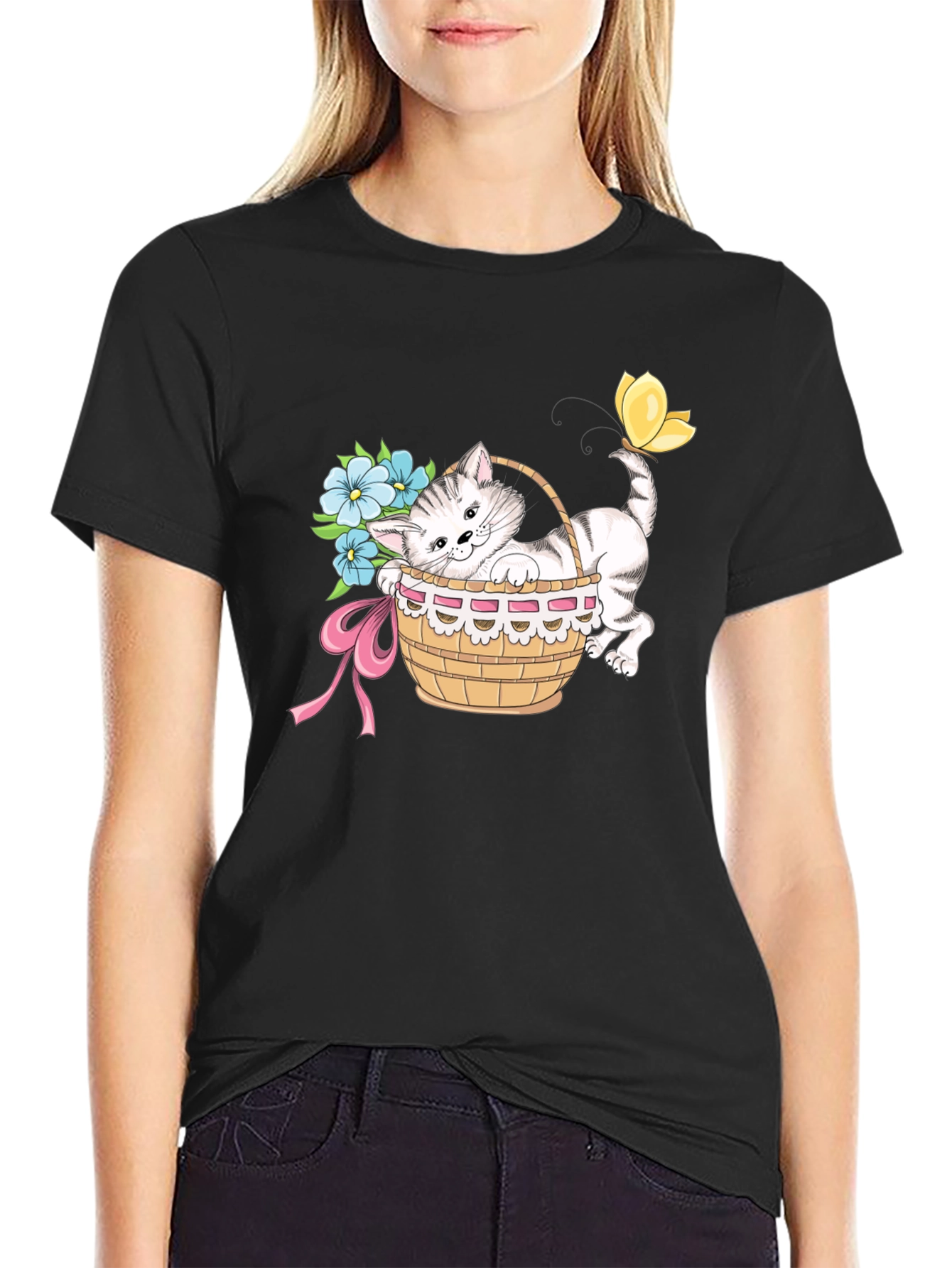 Cute Kitten in Basket T-Shirt - Unisex Black Tee