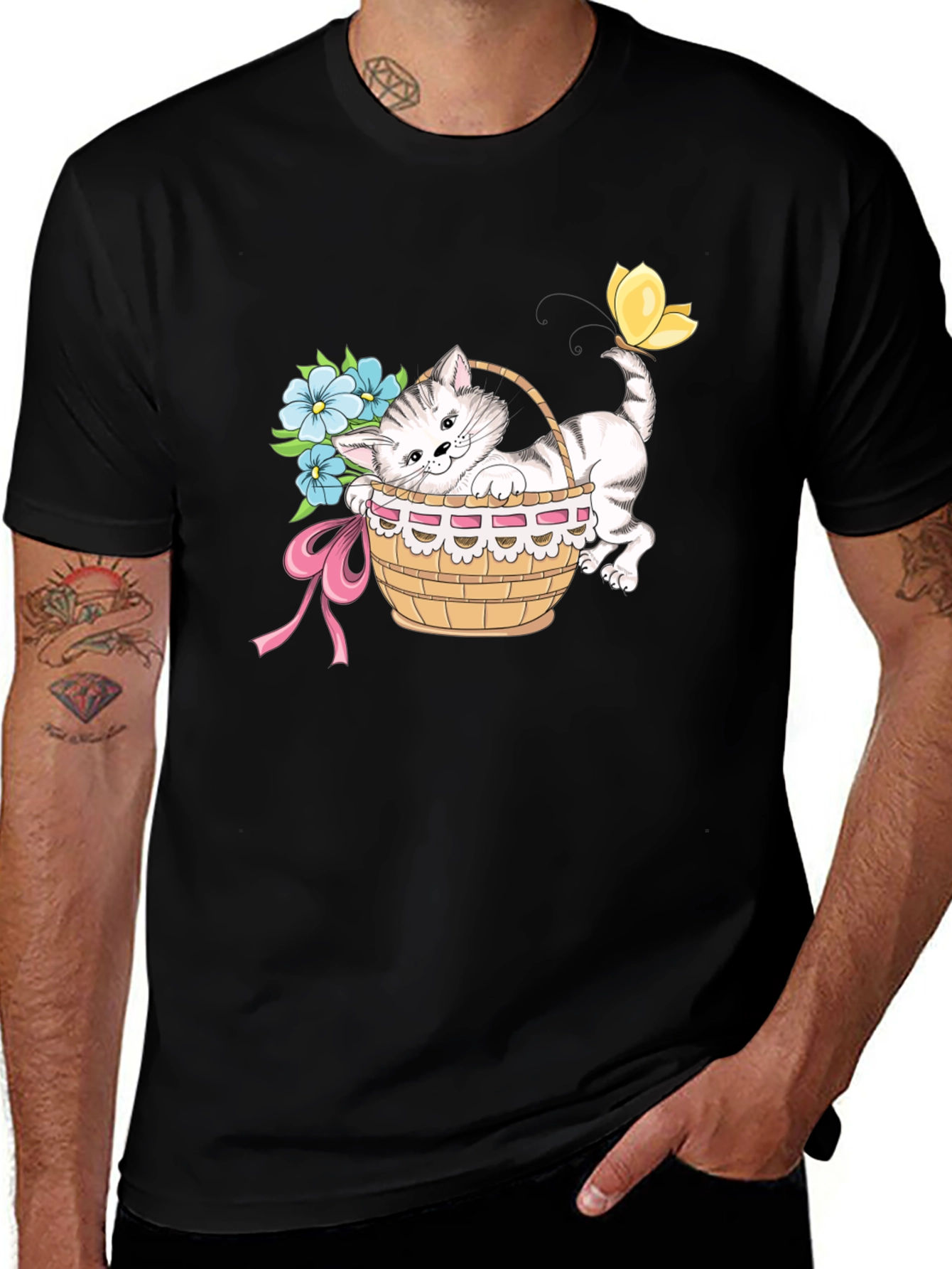 Cute Kitten in Basket T-Shirt - Unisex Black Tee