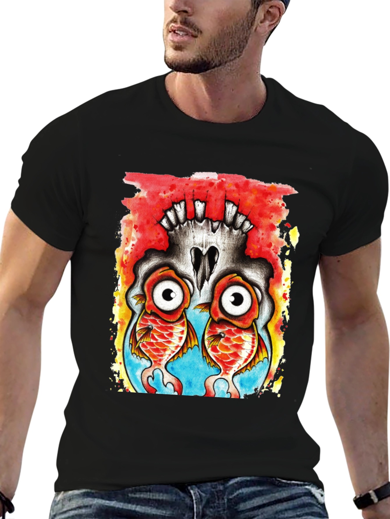 Skull Fish Graphic Tee - Black Cotton T-Shirt