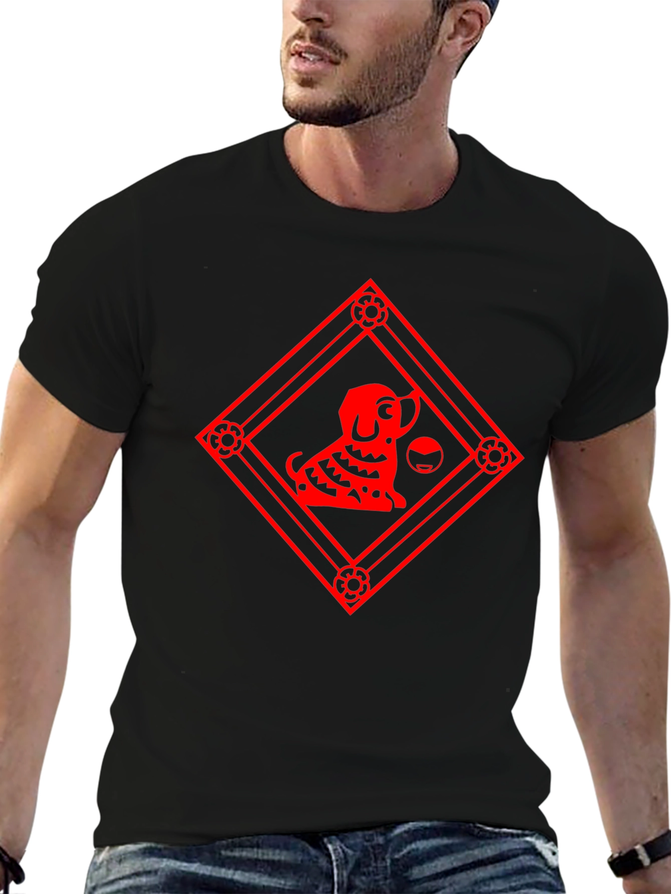 Black T-Shirt with Red Dog Graphic