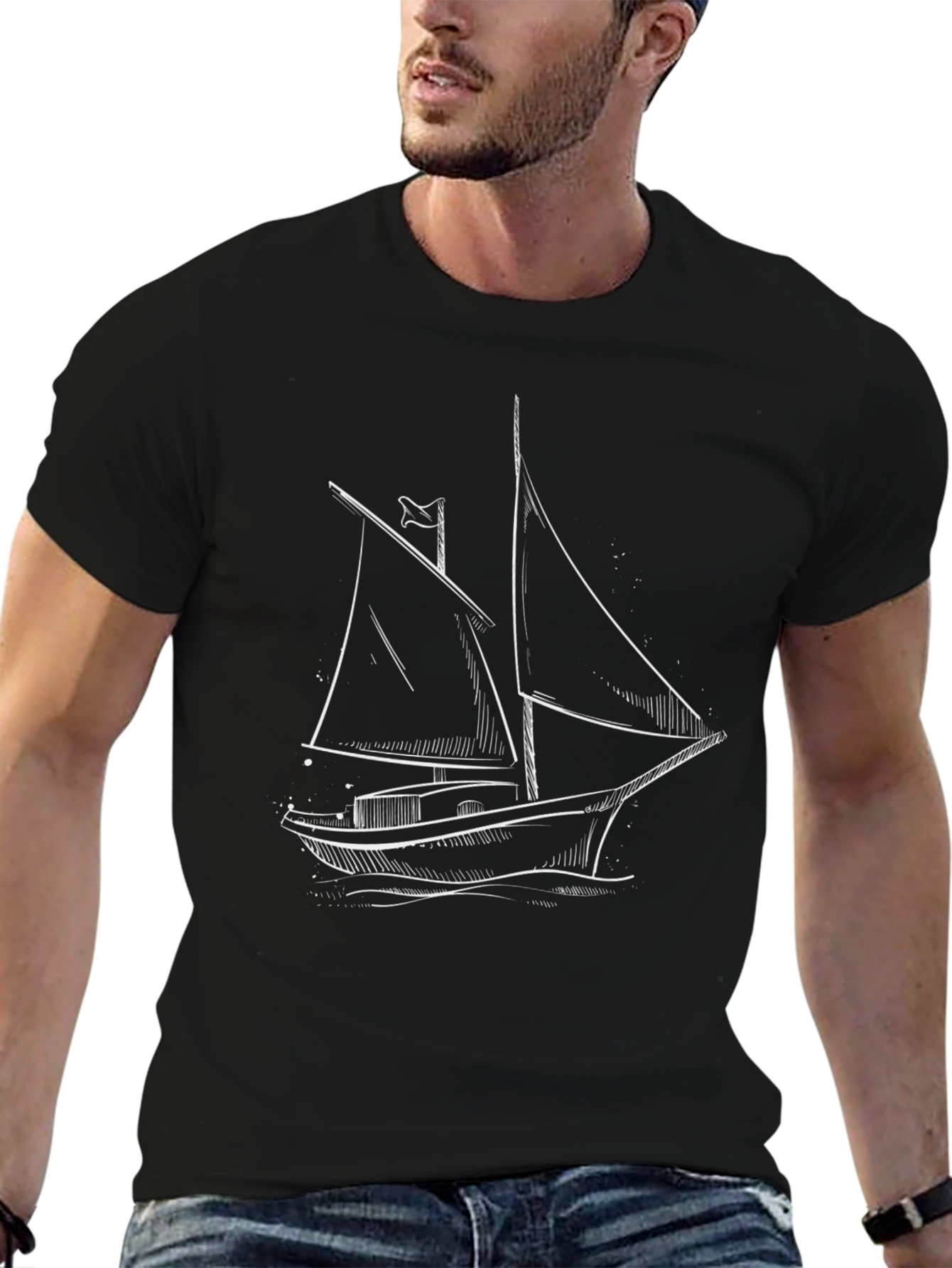 Nautical Sketch Tee: Black T-Shirt with Sailboat Design