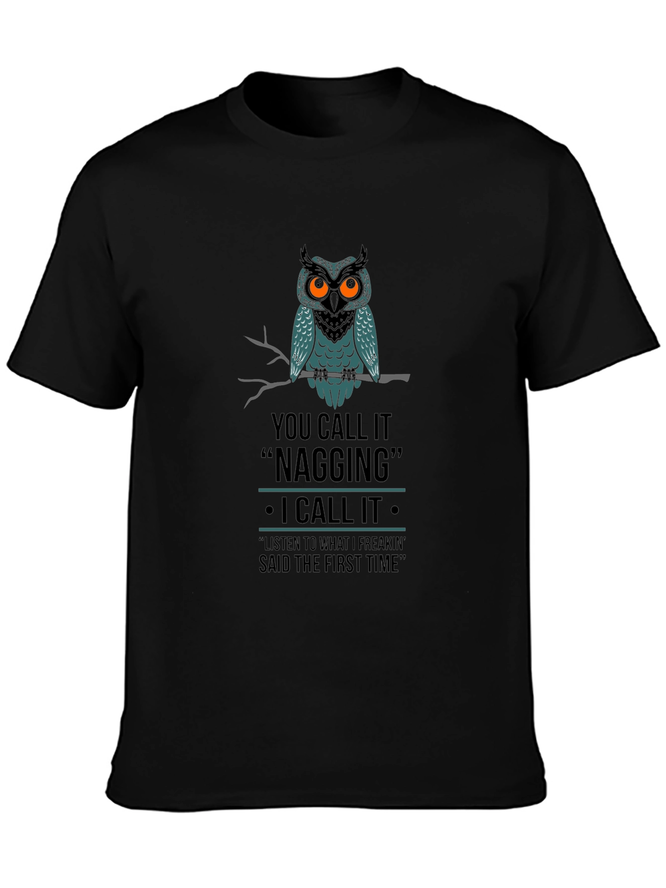 Owl Nagging Funny Black Graphic T-Shirt