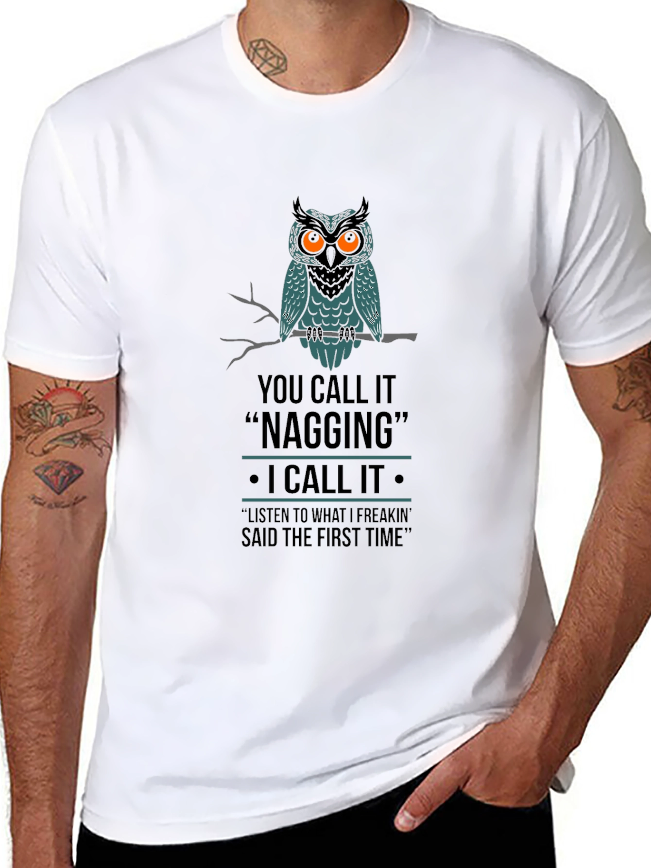 Owl Nagging Funny Black Graphic T-Shirt