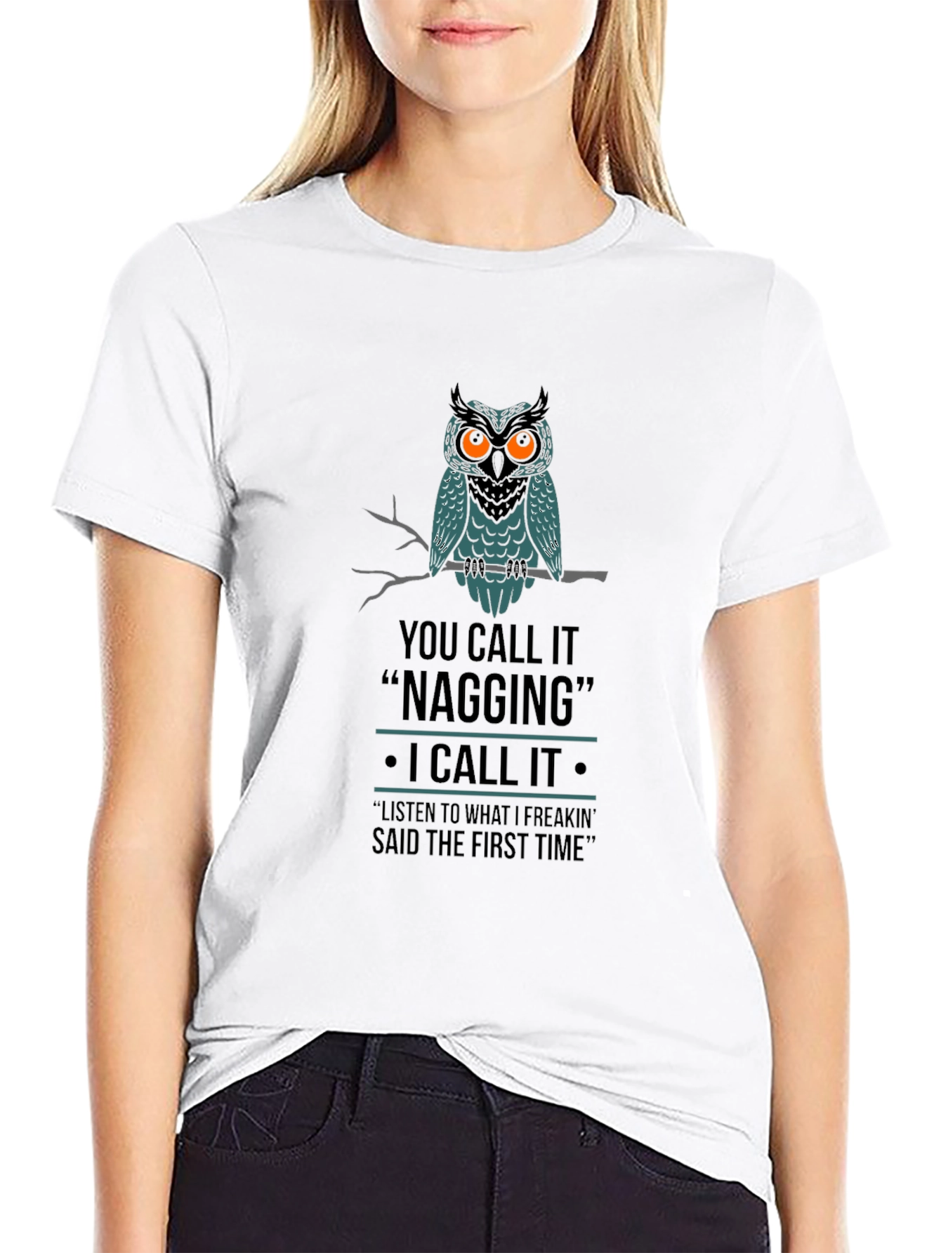 Owl Nagging Funny Black Graphic T-Shirt