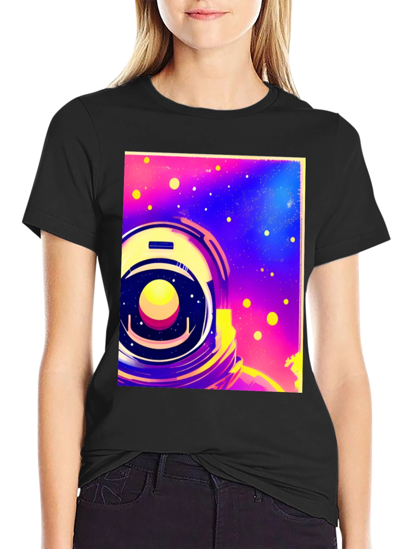 Astronaut Space Helmet Graphic Print Black T-Shirt