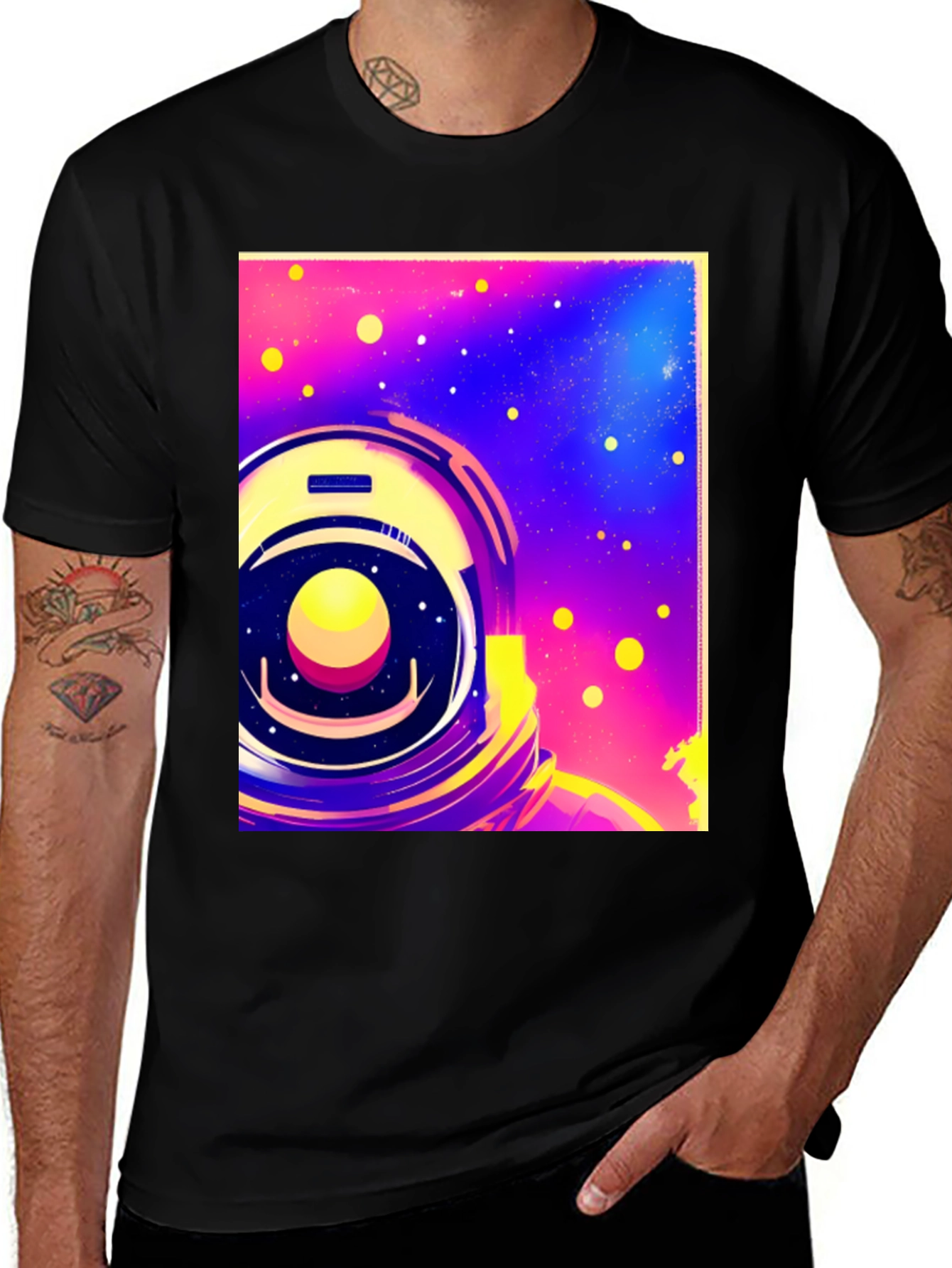 Astronaut Space Helmet Graphic Print Black T-Shirt