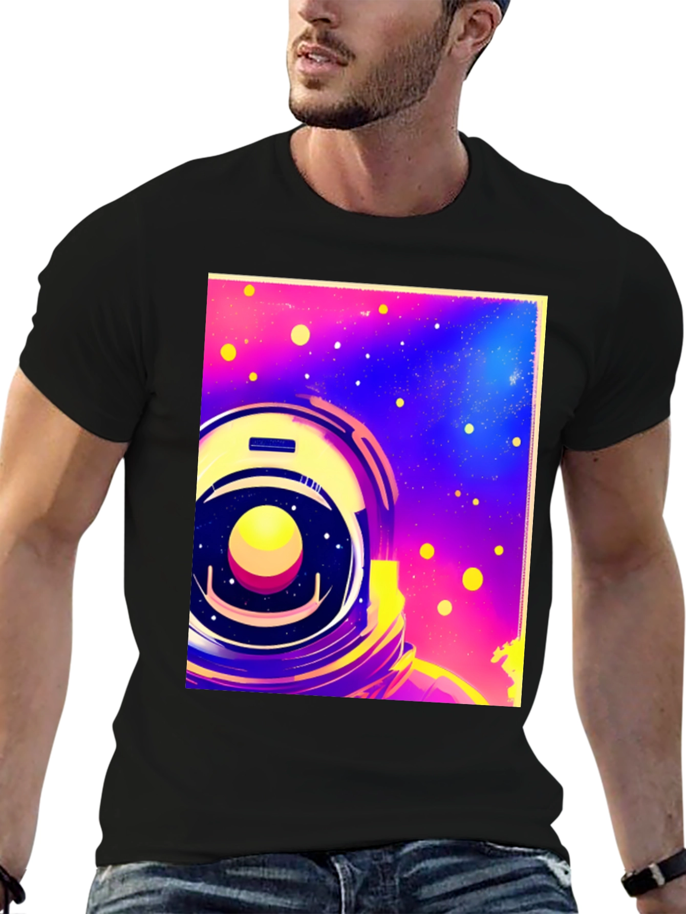 Astronaut Space Helmet Graphic Print Black T-Shirt