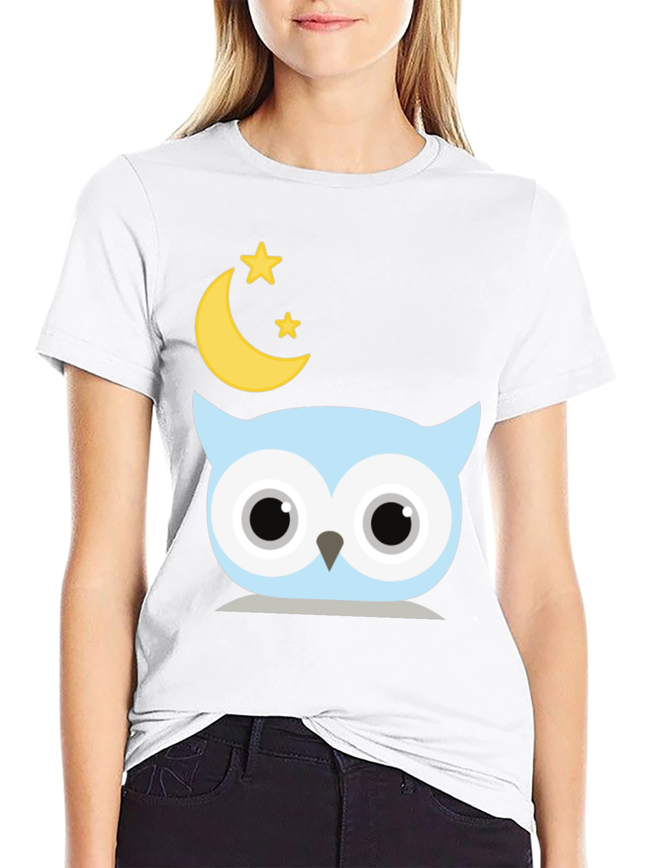 Cute Owl Moon Stars Graphic Black T-Shirt