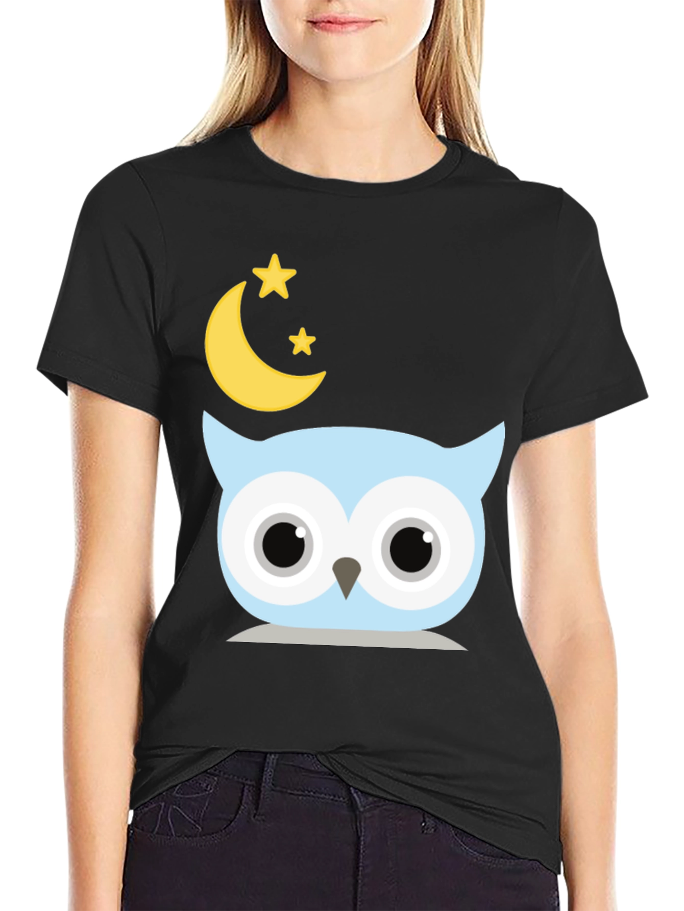 Cute Owl Moon Stars Graphic Black T-Shirt