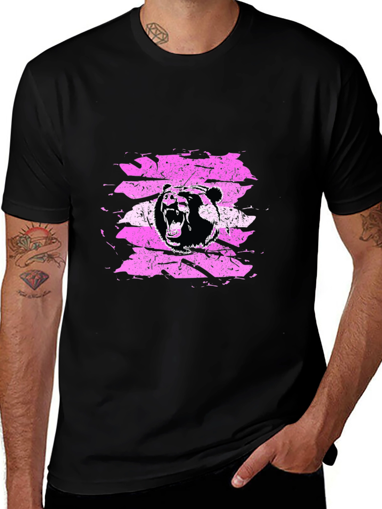Grizzly Bear Graphic Tee - Black Cotton T-Shirt