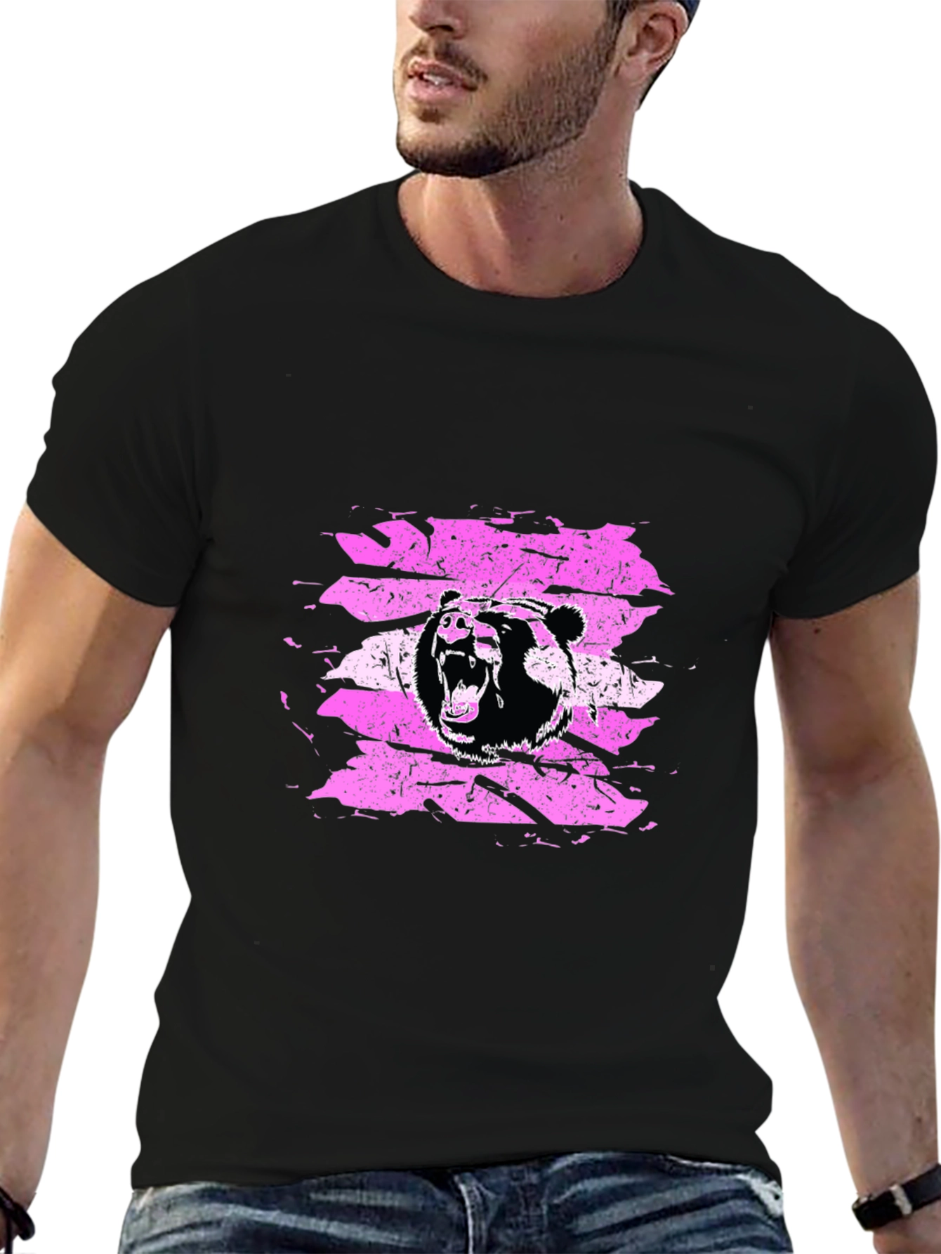 Grizzly Bear Graphic Tee - Black Cotton T-Shirt