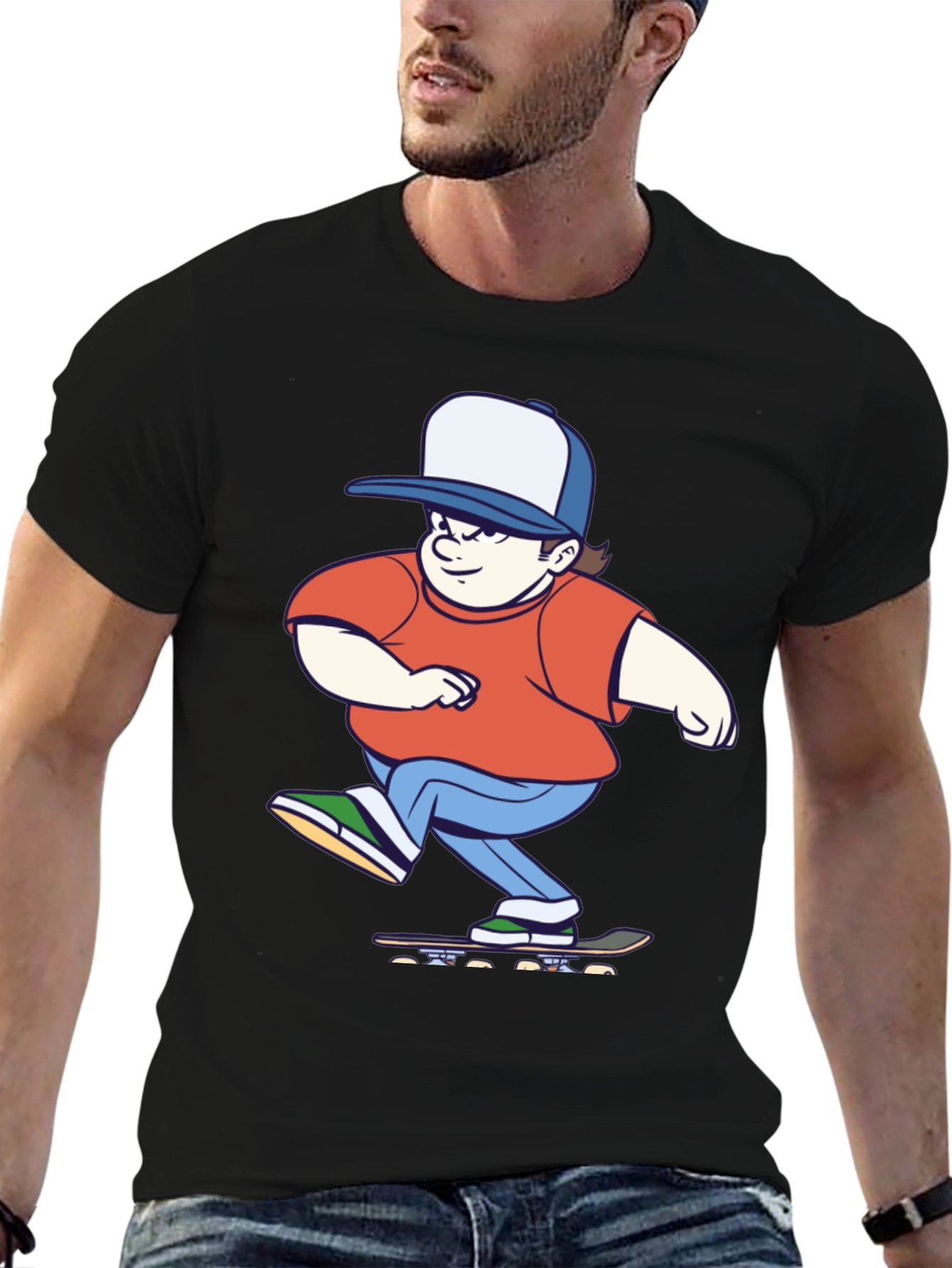 Skater Cartoon Graphic T-Shirt - Black Cotton Tee