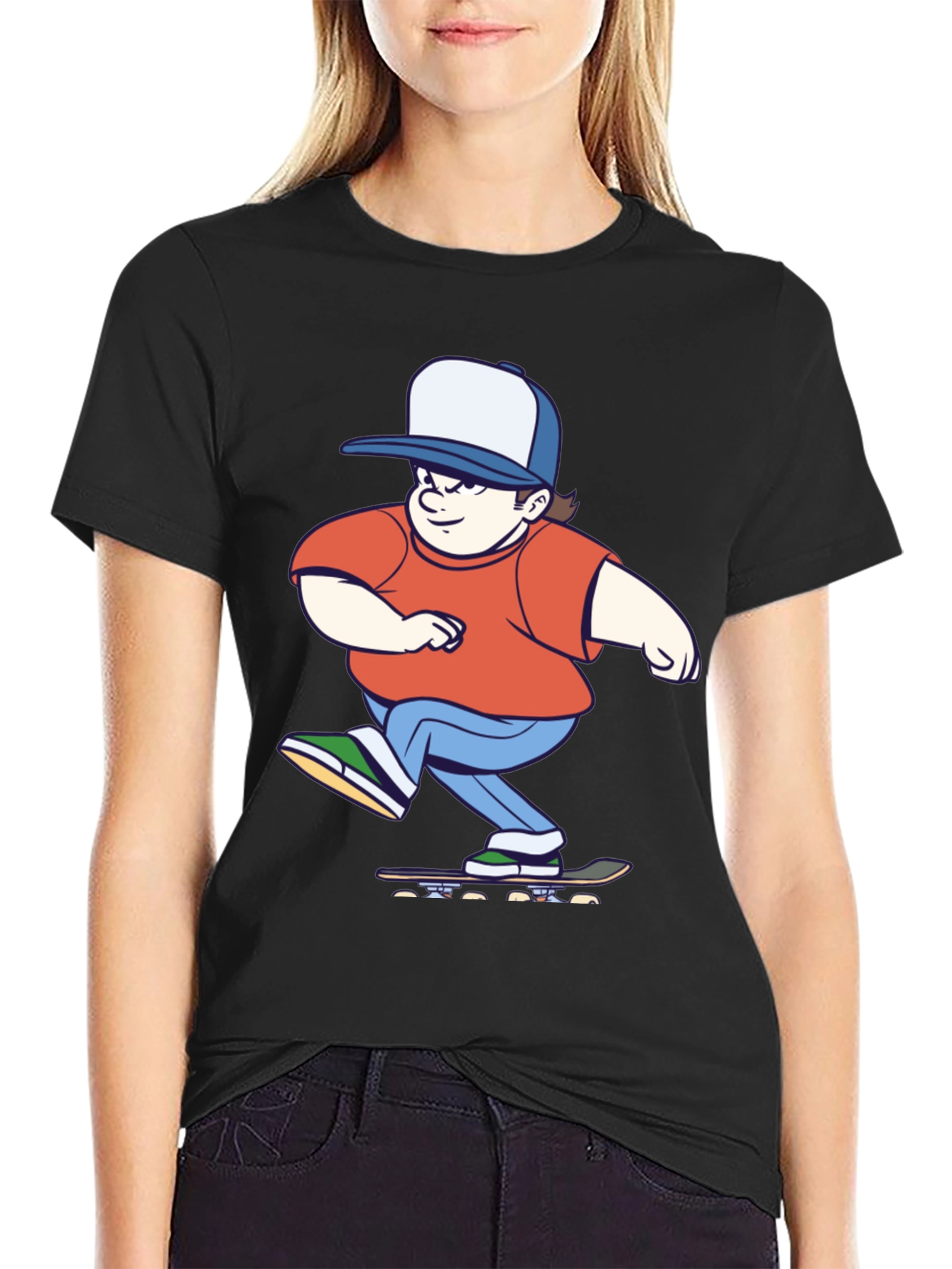 Skater Cartoon Graphic T-Shirt - Black Cotton Tee