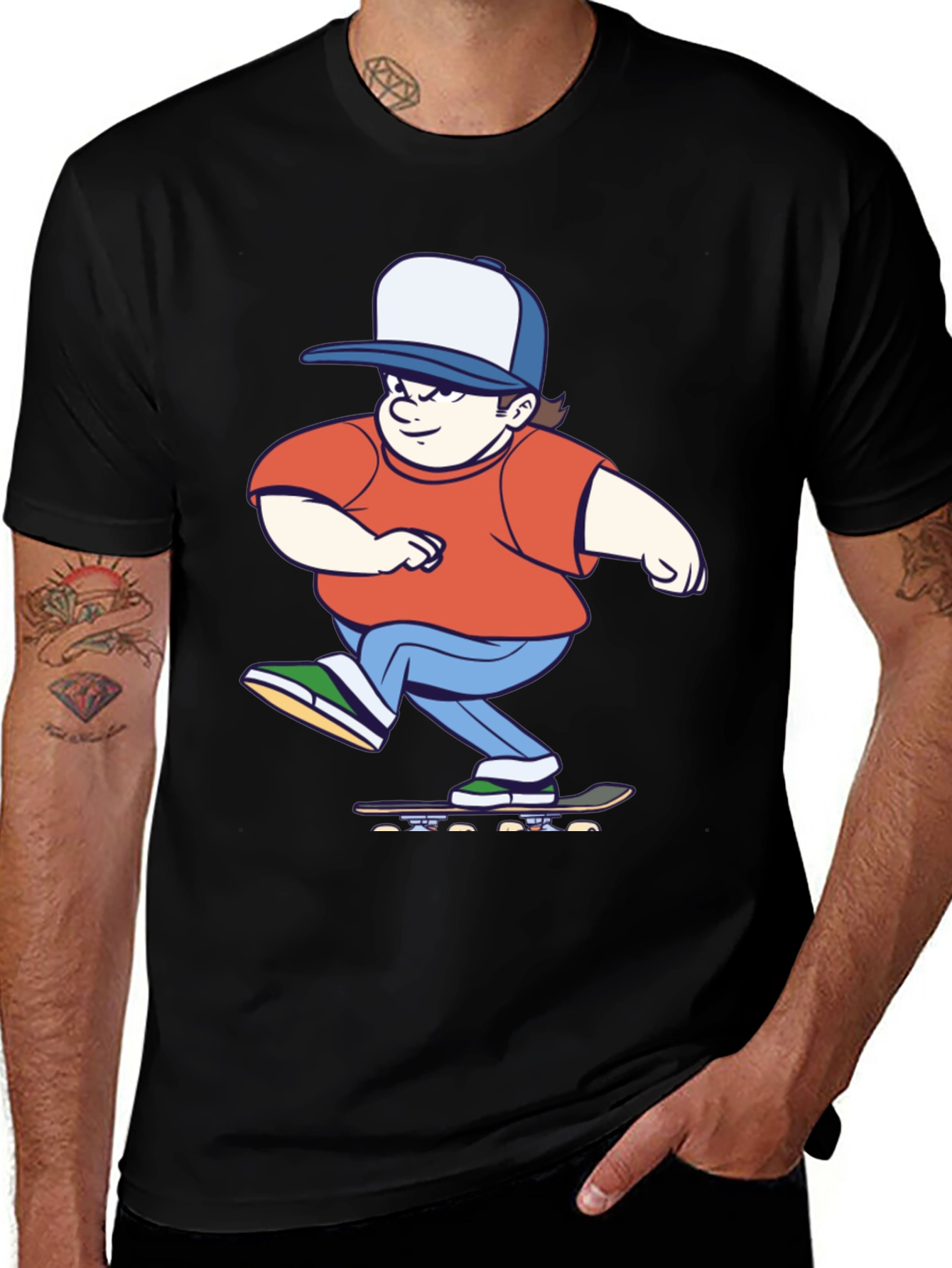 Skater Cartoon Graphic T-Shirt - Black Cotton Tee