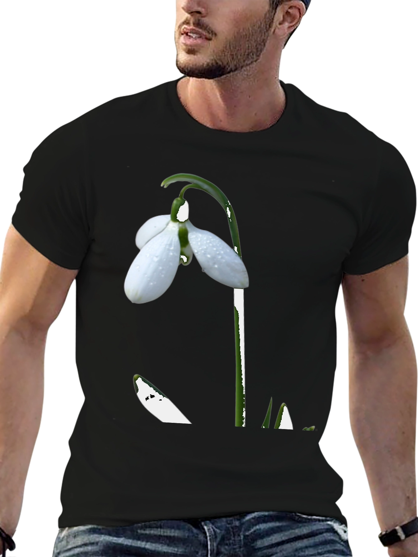 Snowdrop Flower Graphic Black T-Shirt