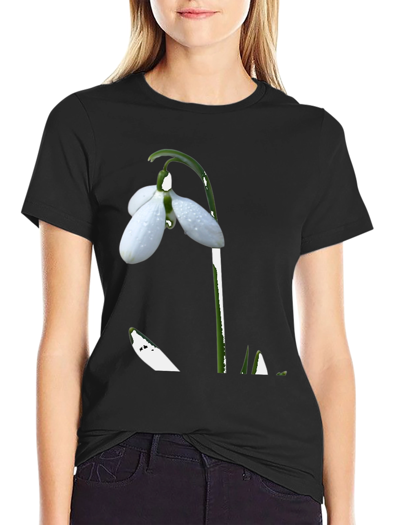 Snowdrop Flower Graphic Black T-Shirt
