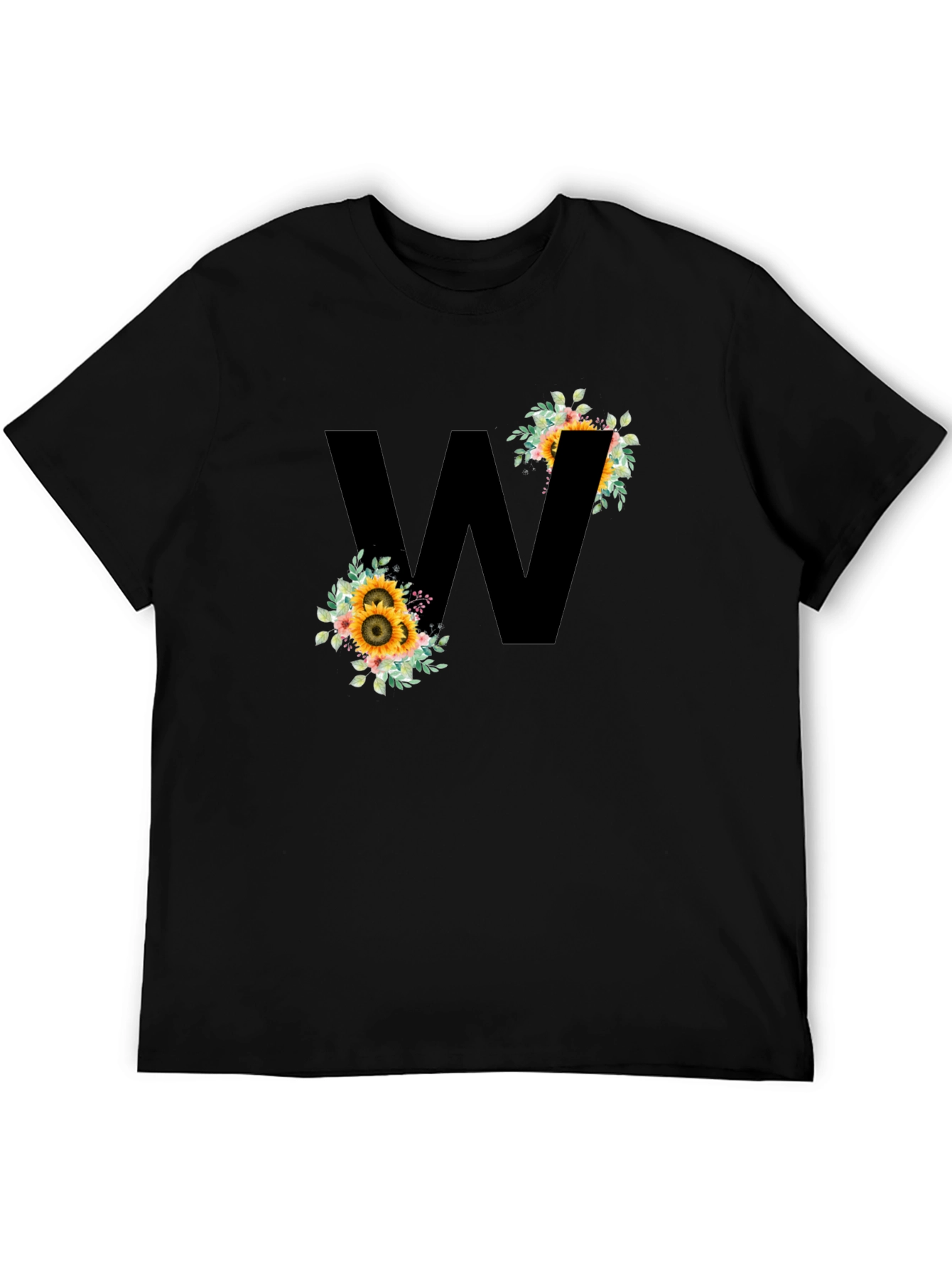 Floral Letter W Black T-Shirt