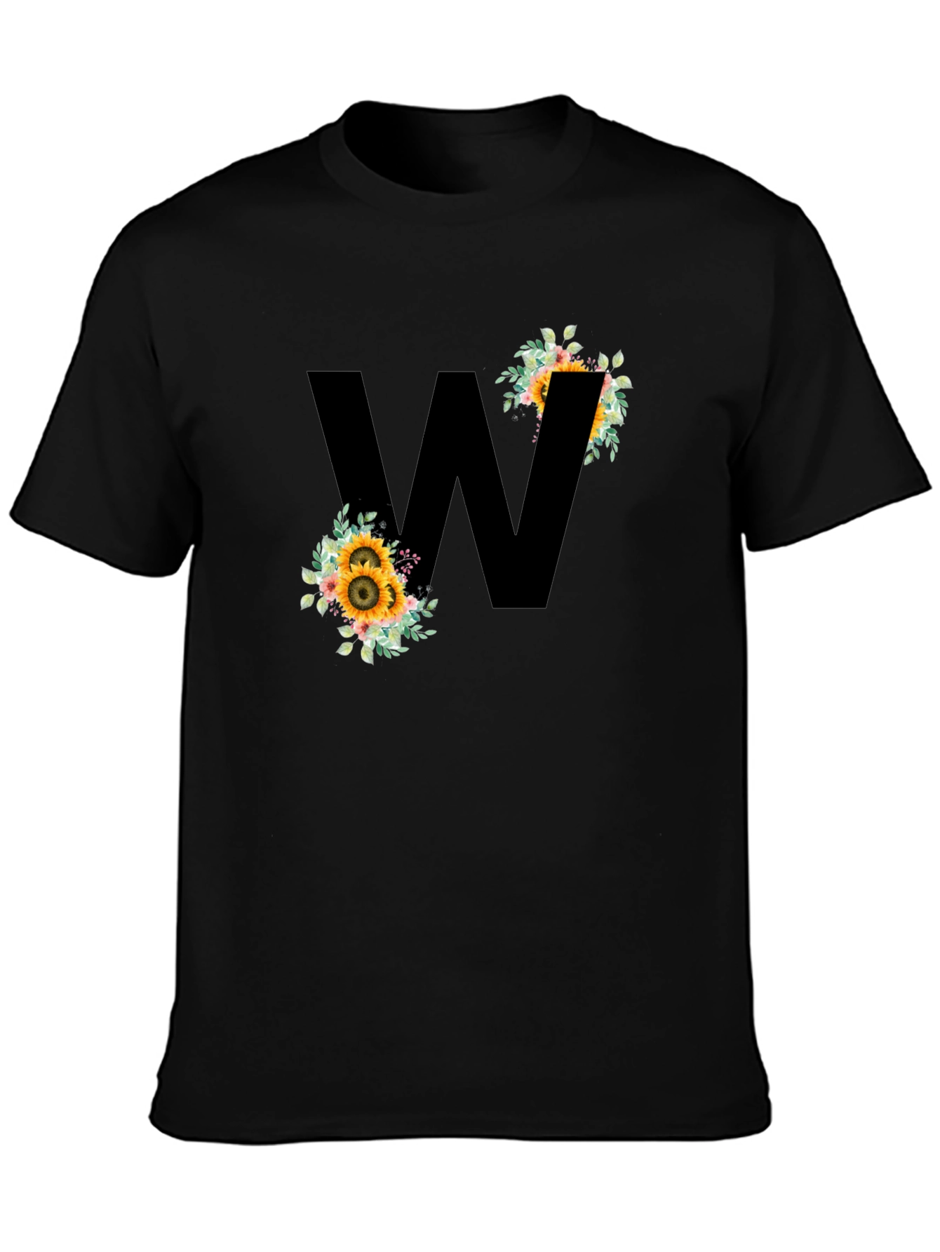 Floral Letter W Black T-Shirt