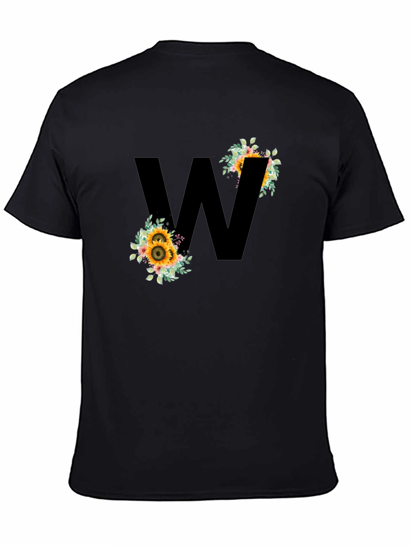 Floral Letter W Black T-Shirt