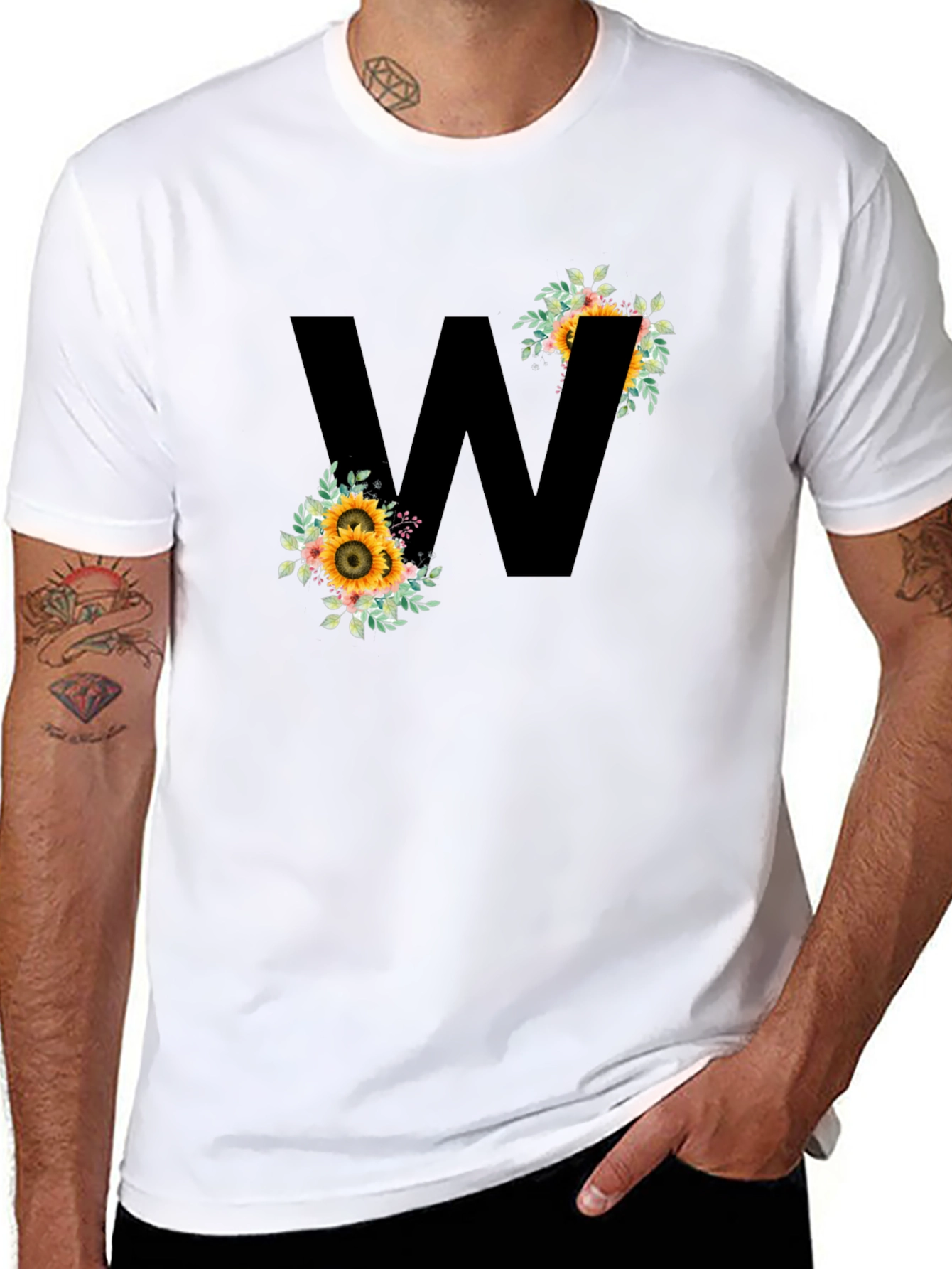 Floral Letter W Black T-Shirt