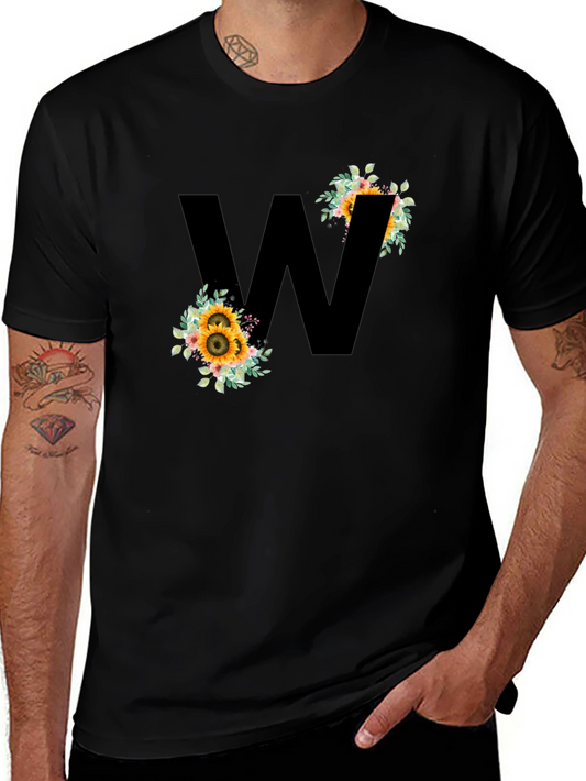 Floral Letter W Black T-Shirt