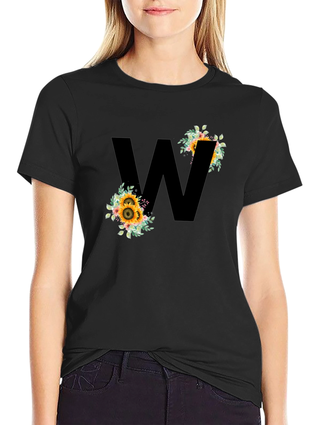 Floral Letter W Black T-Shirt