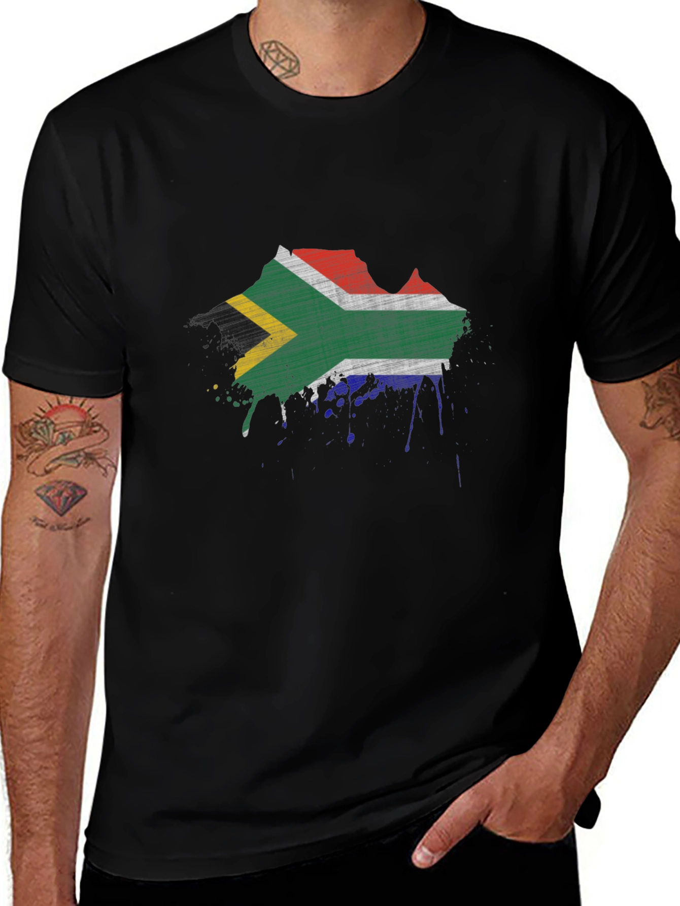 South Africa Flag Splatter Black T-Shirt