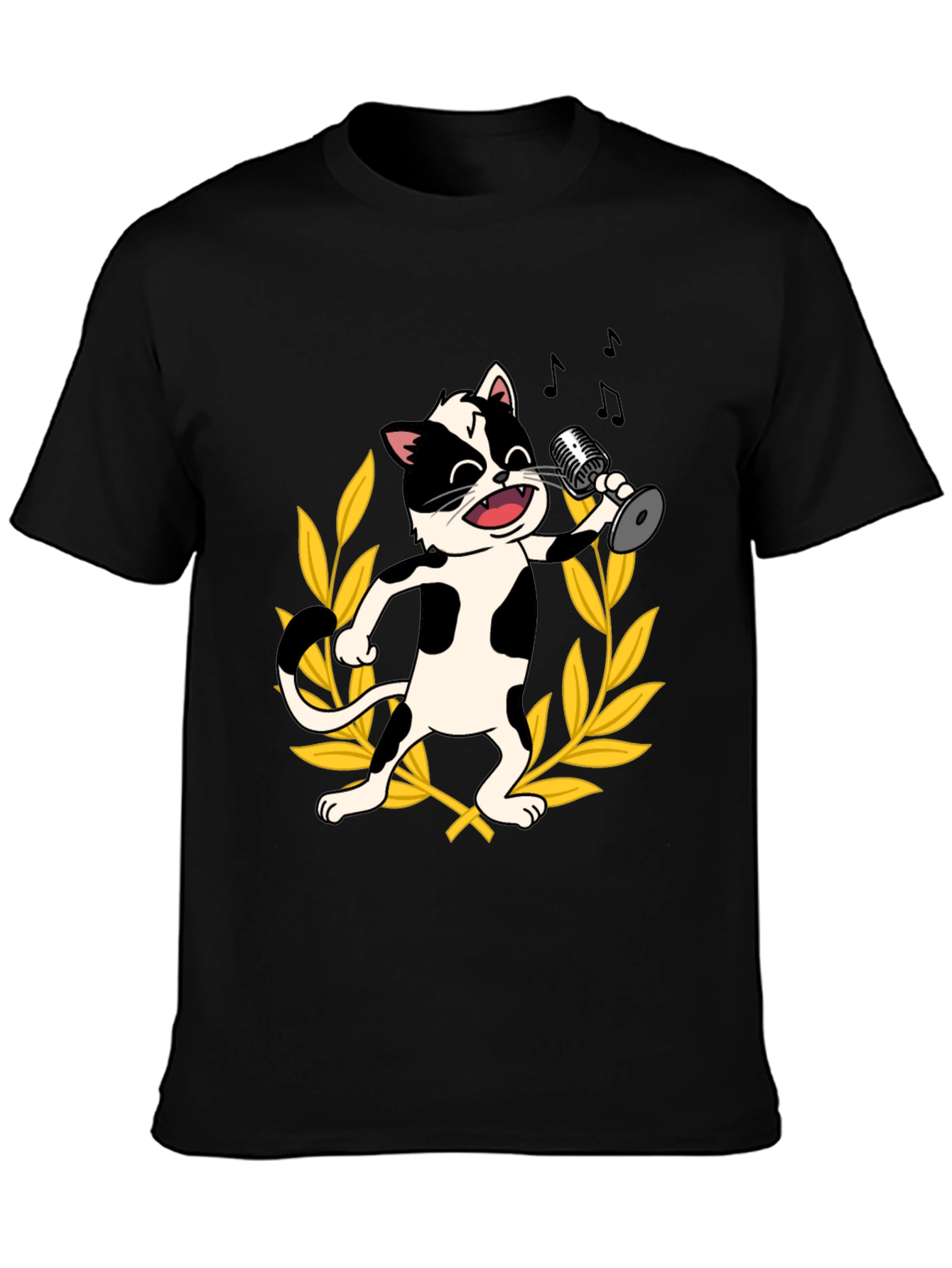 Singing Cat Graphic Tee - Black Cotton T-Shirt