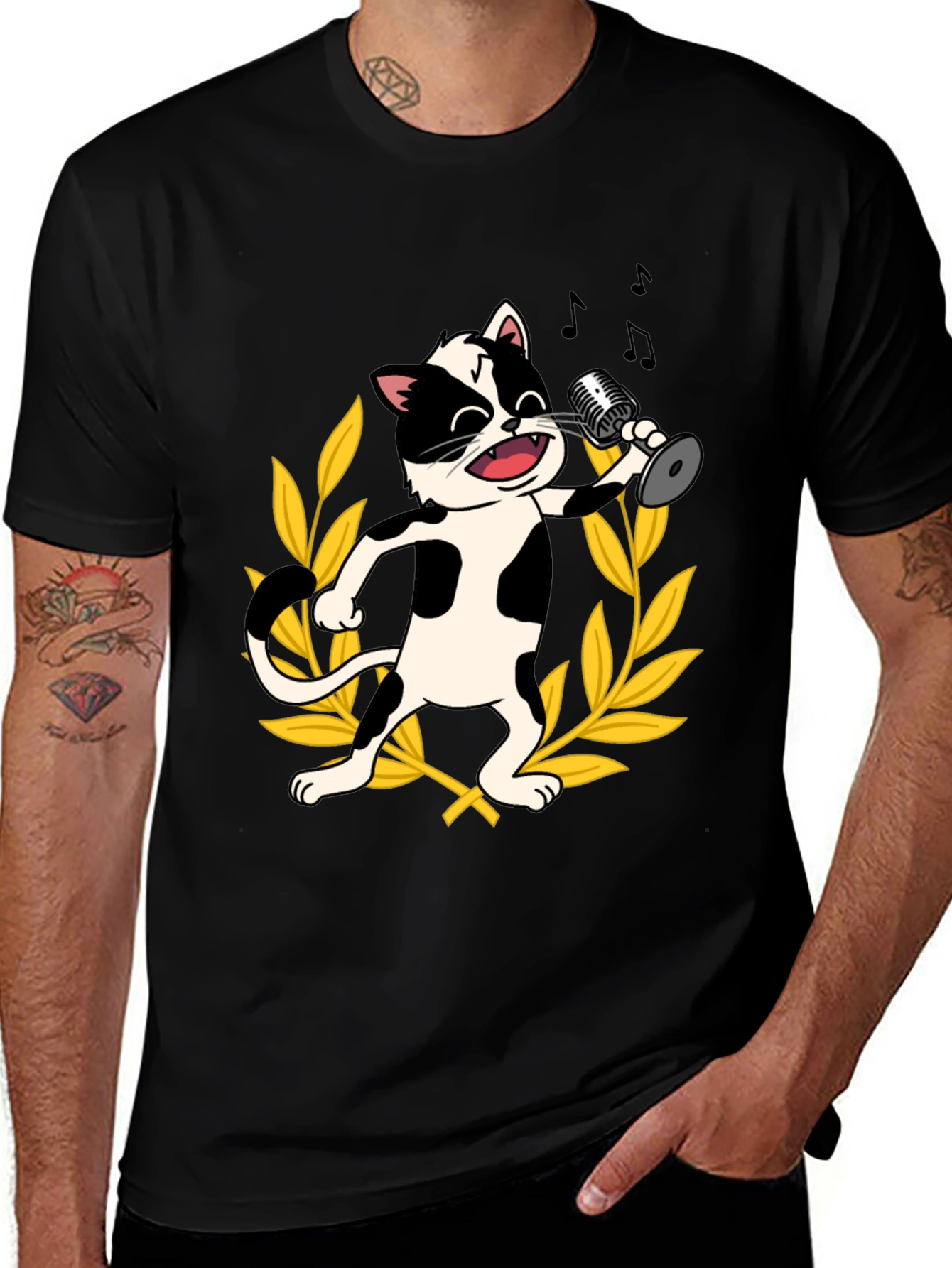 Singing Cat Graphic Tee - Black Cotton T-Shirt