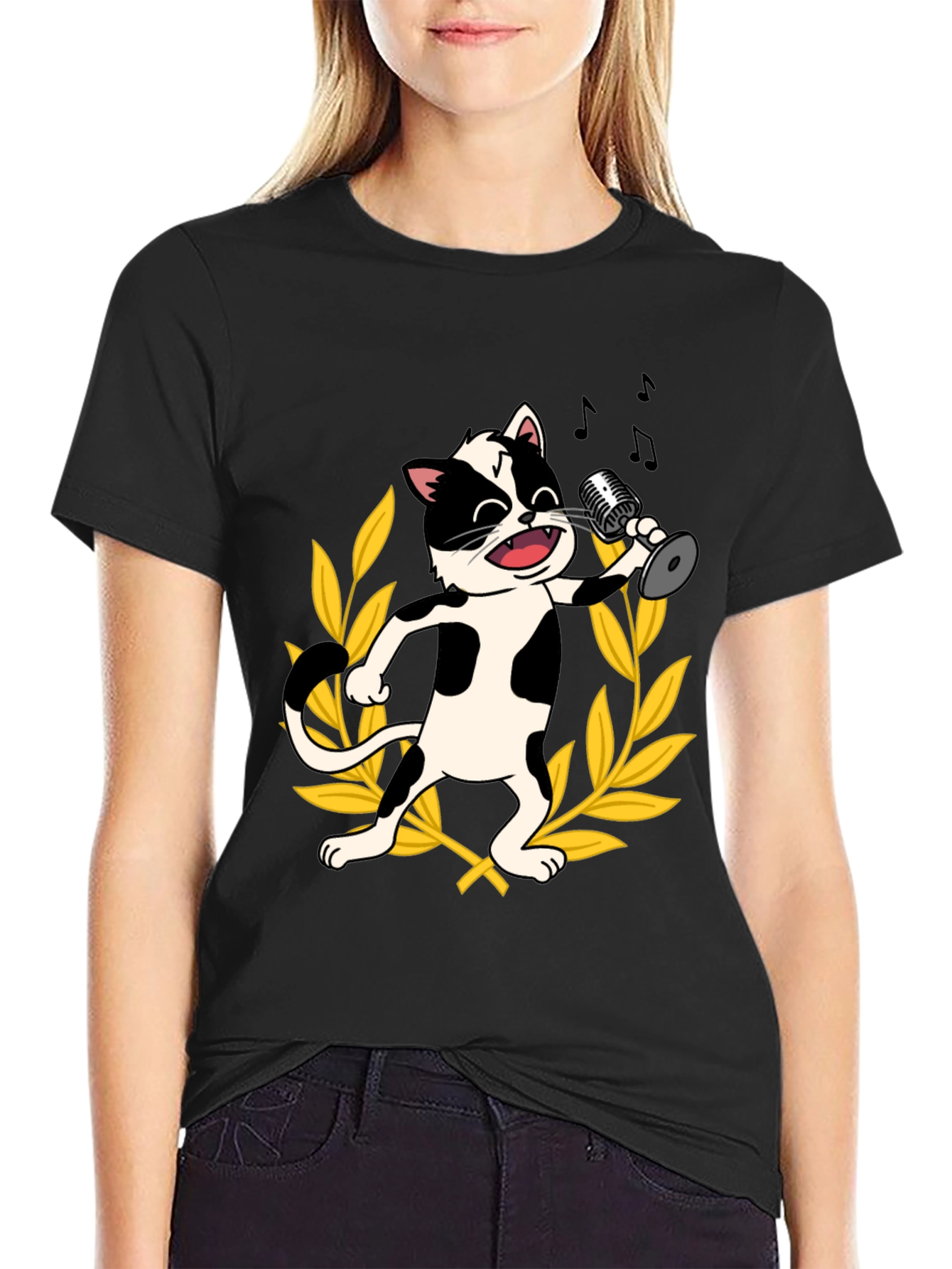 Singing Cat Graphic Tee - Black Cotton T-Shirt