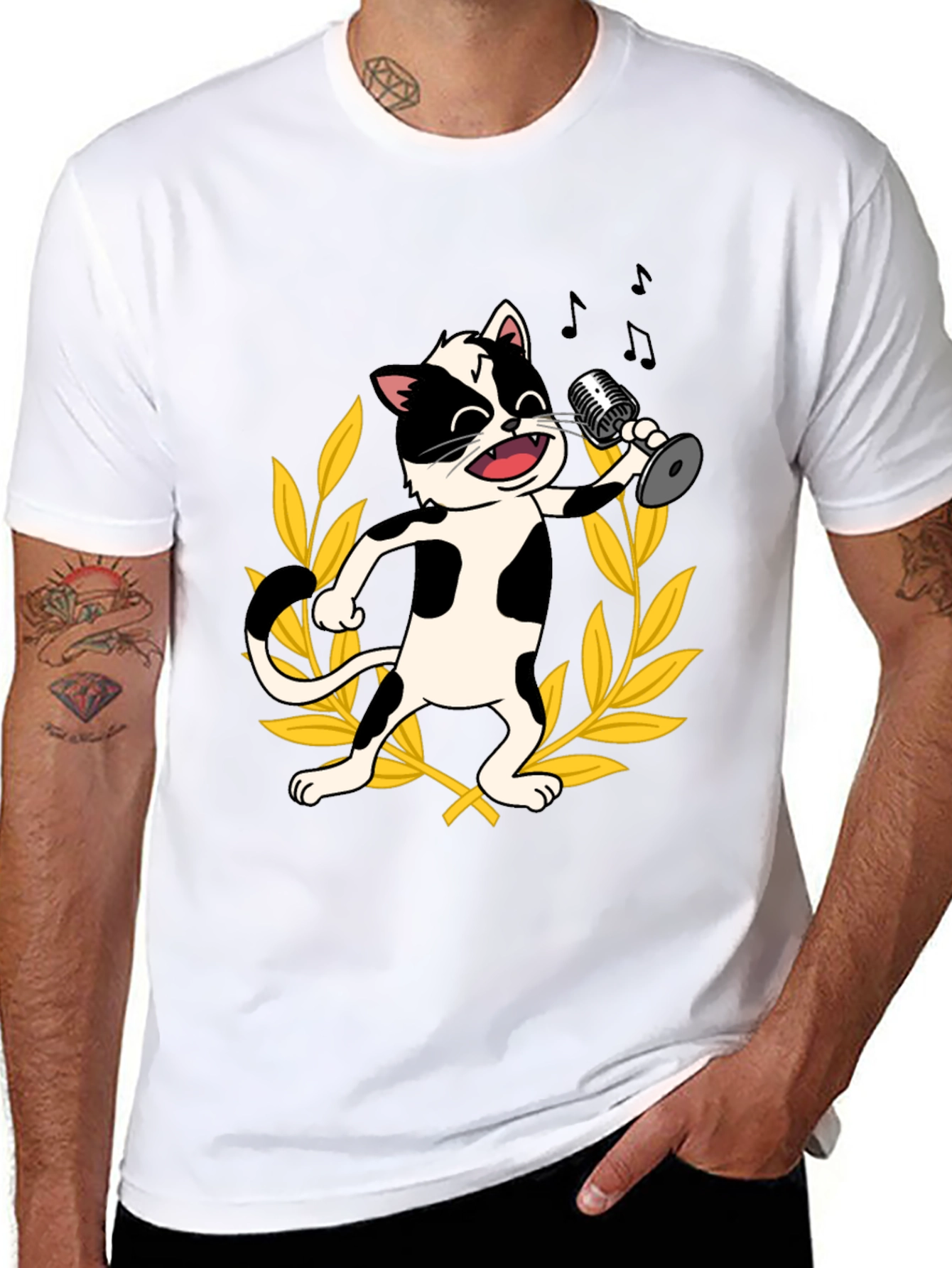 Singing Cat Graphic Tee - Black Cotton T-Shirt