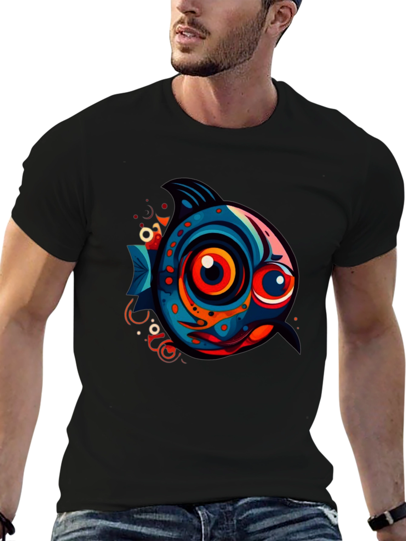 Funky Fish Graphic Tee - Black Cotton T-Shirt