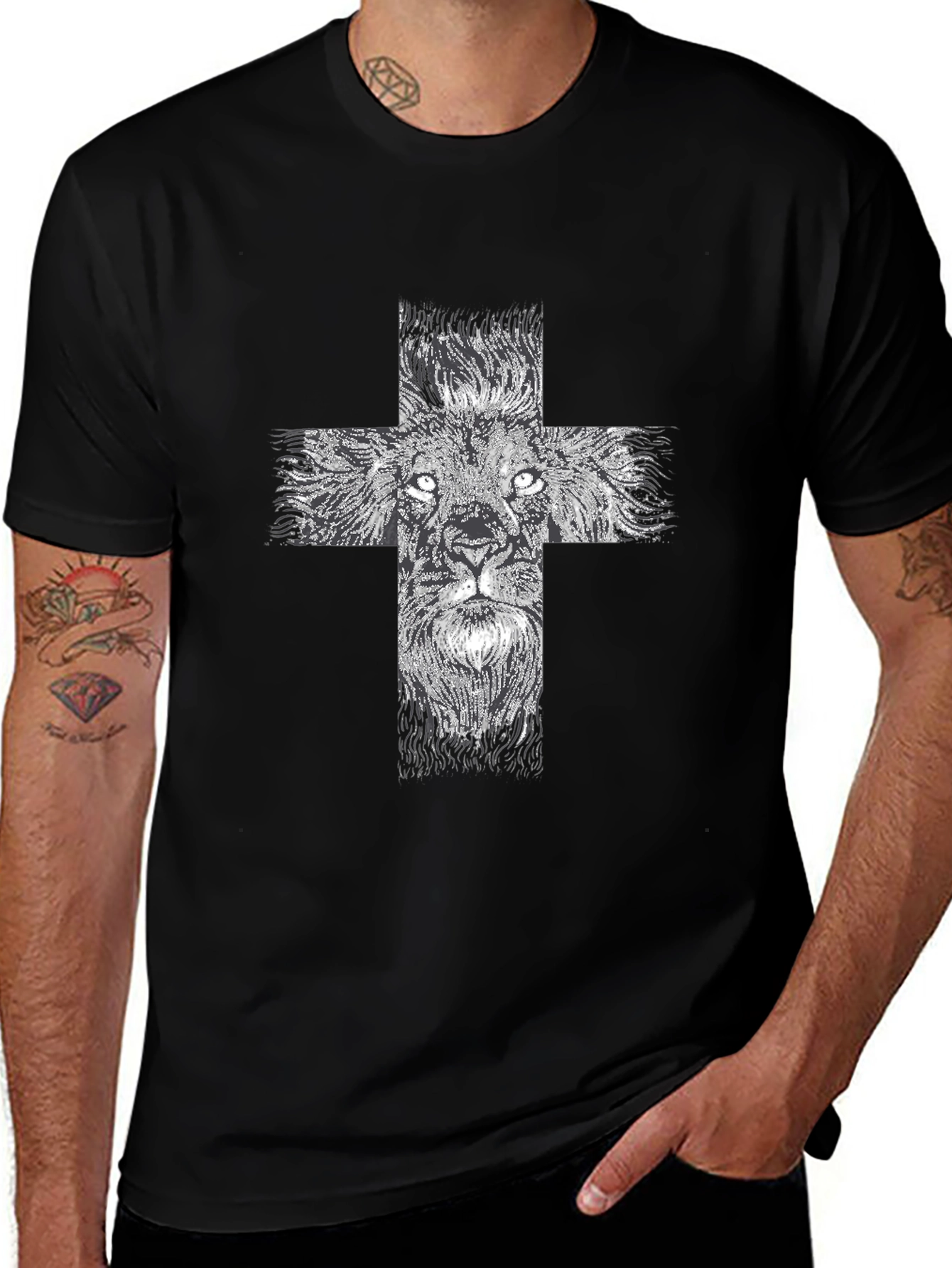Lion Cross Graphic Black T-Shirt