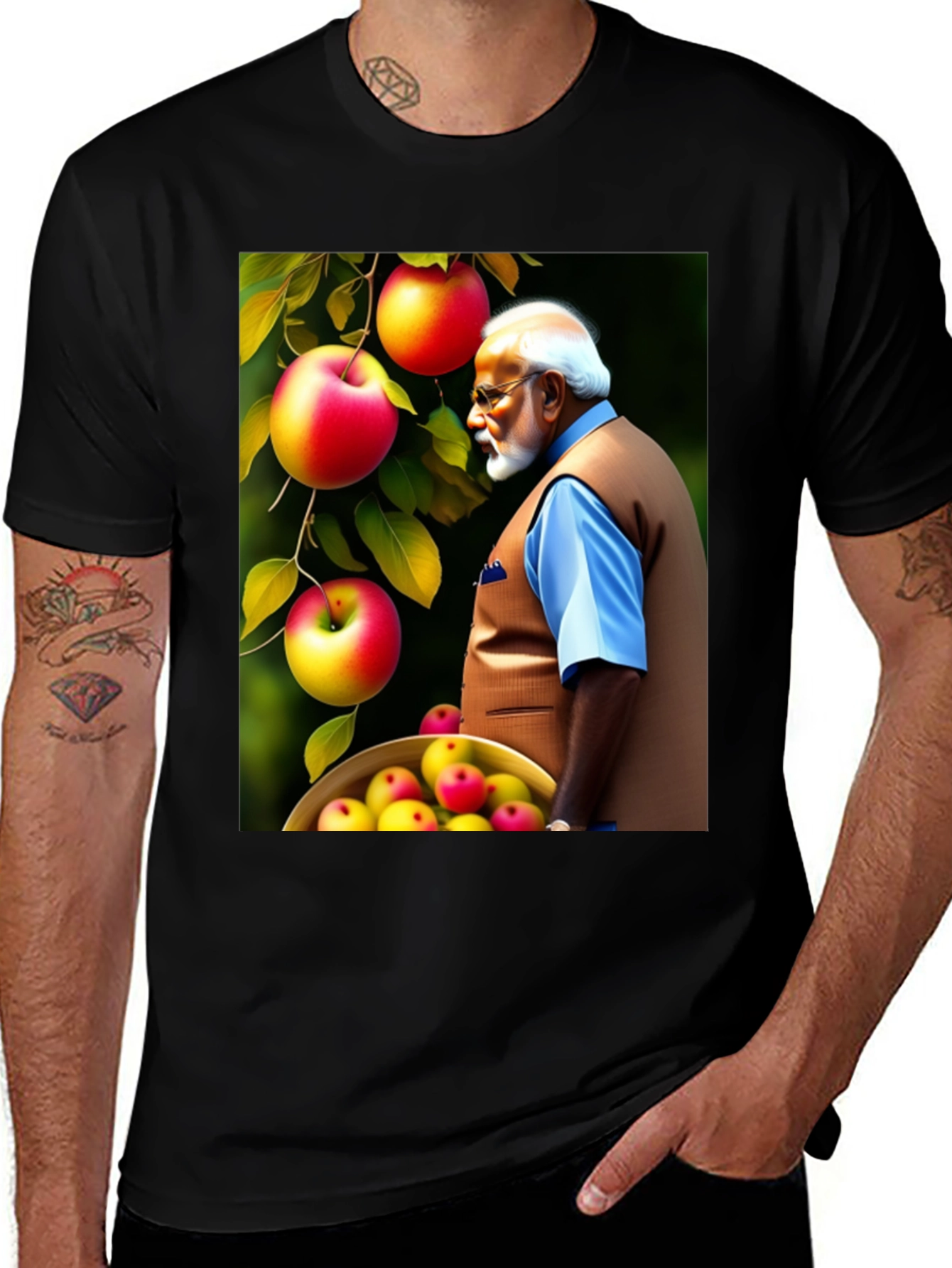 Mans Black T-Shirt with Apple & Modi Design