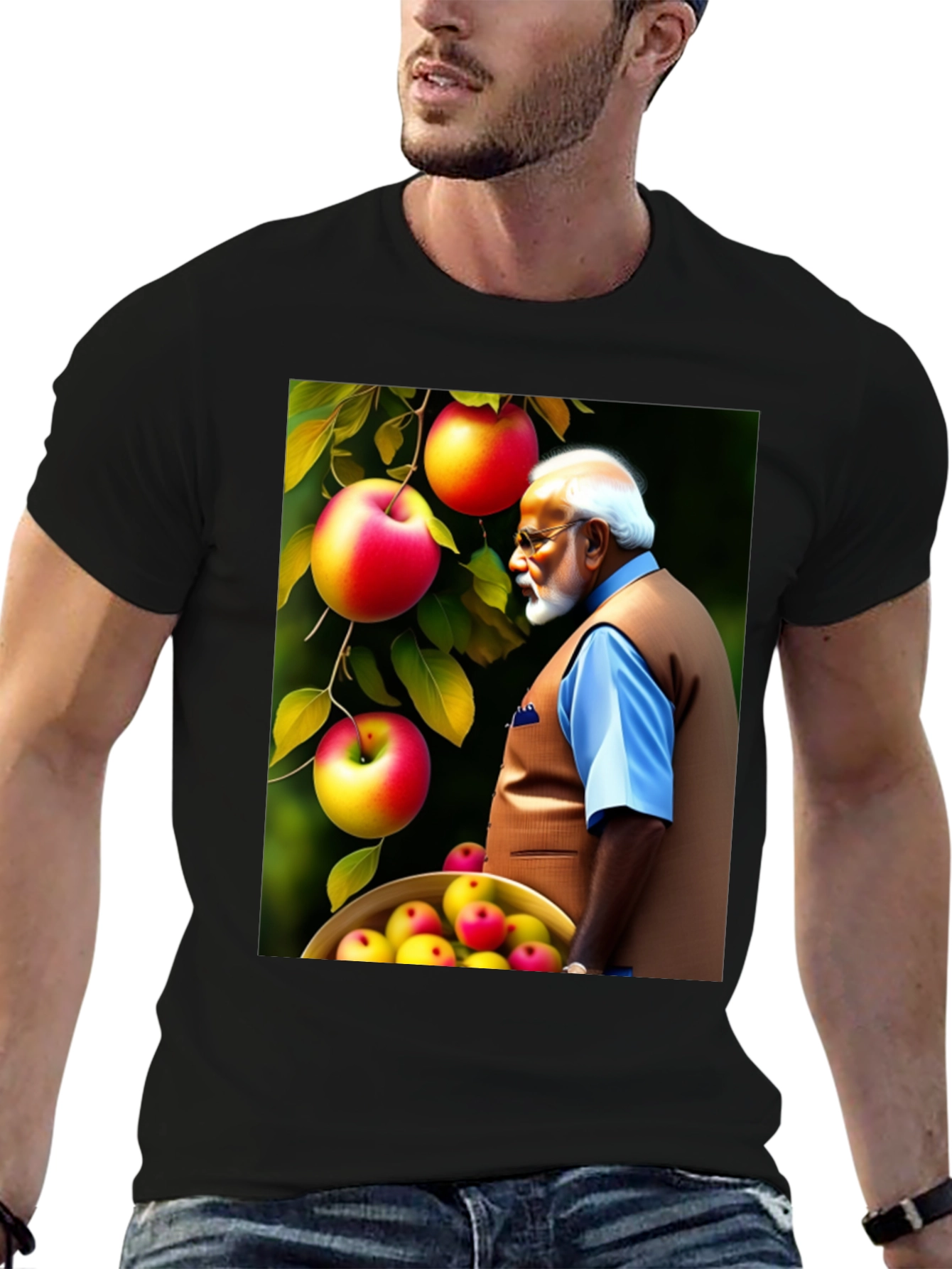 Mans Black T-Shirt with Apple & Modi Design