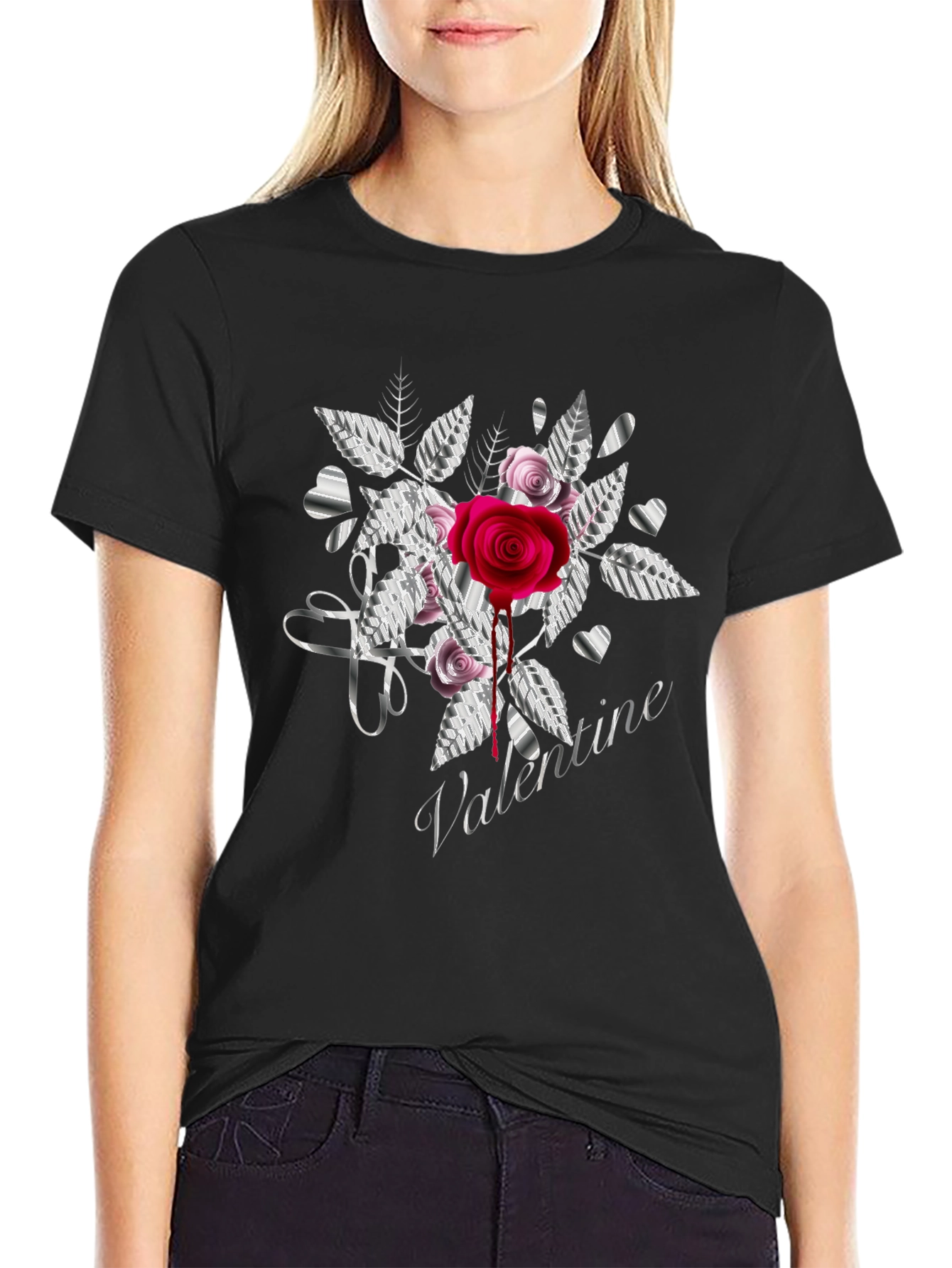 Valentine Rose Graphic Tee - Black