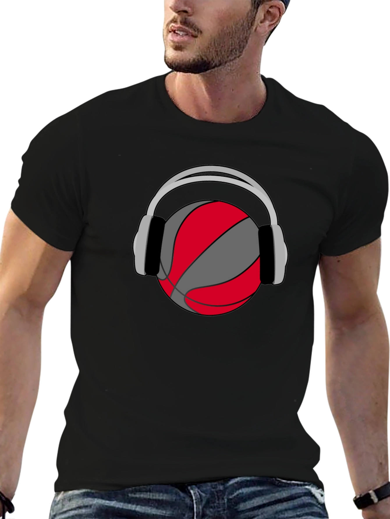 Basketball Headphones Graphic Tee - Black Cotton T-Shirt