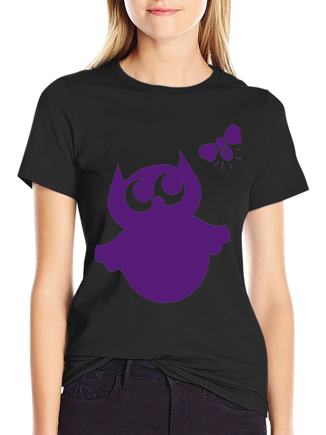 Whimsical Owl Graphic Tee - Black Cotton Shirt