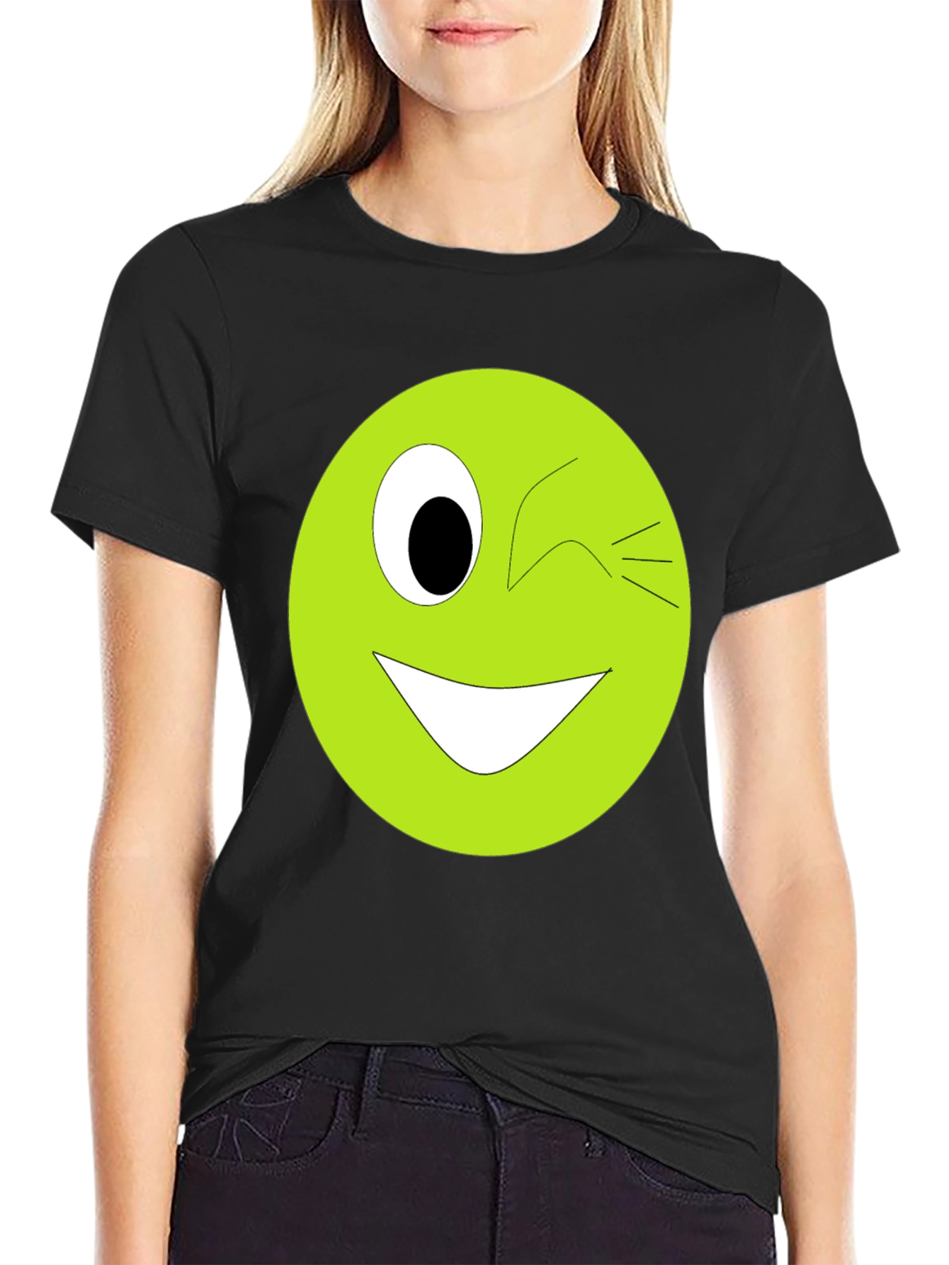 Winking Smiley Face Graphic Tee - Black
