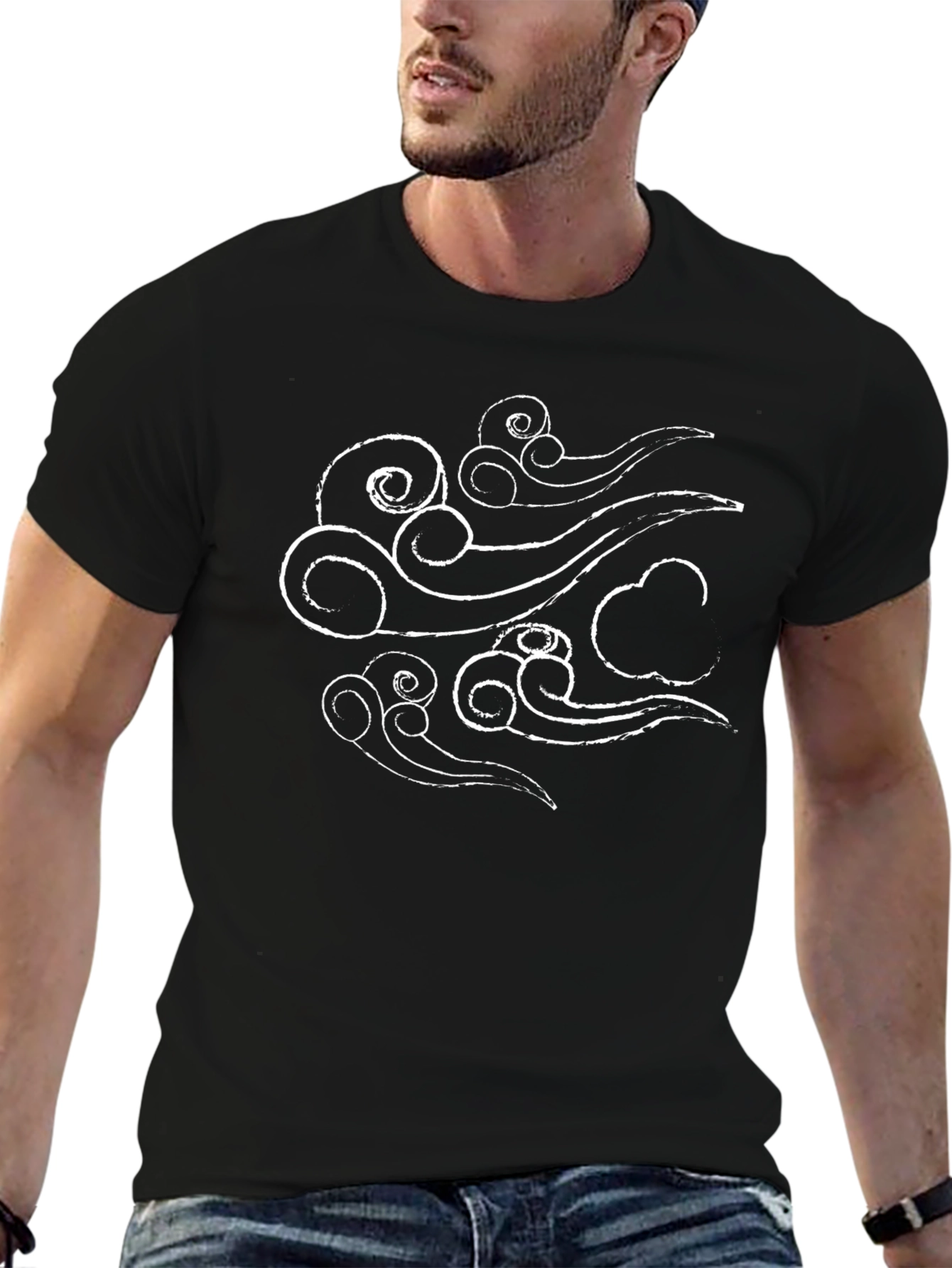 Black T-Shirt with White Abstract Cloud Design