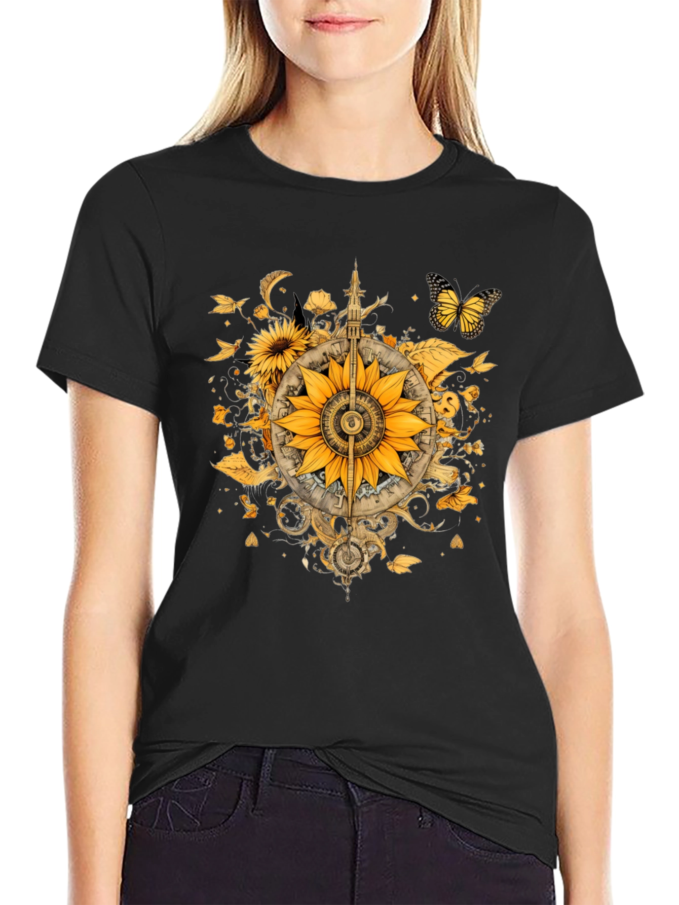 Sunflower Compass Graphic Black T-Shirt