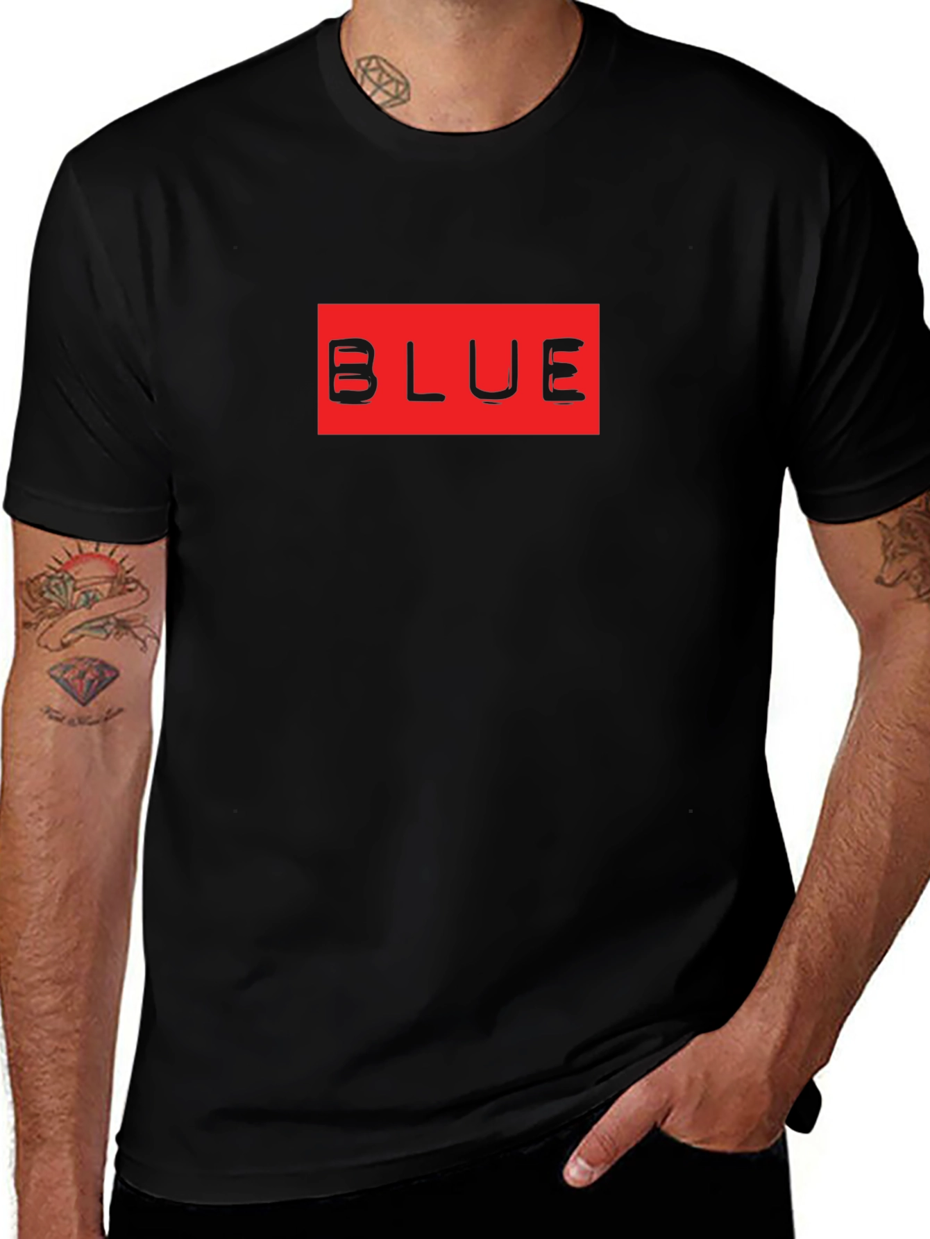 Black T-Shirt with Red BLUE Graphic