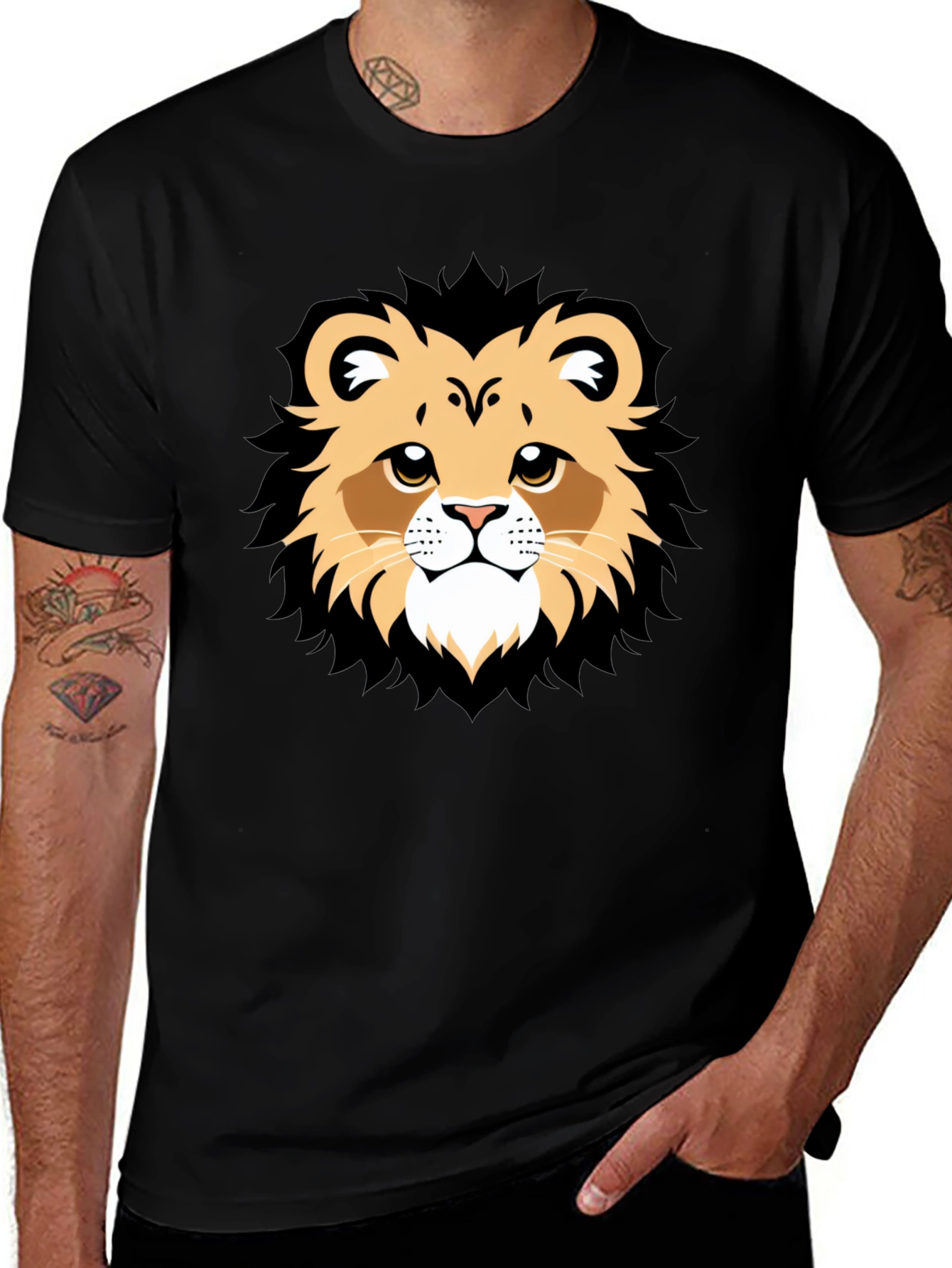 Lion Face Graphic Tee - Black Casual T-Shirt