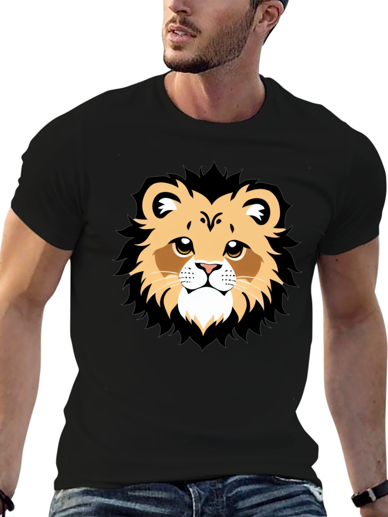 Lion Face Graphic Tee - Black Casual T-Shirt