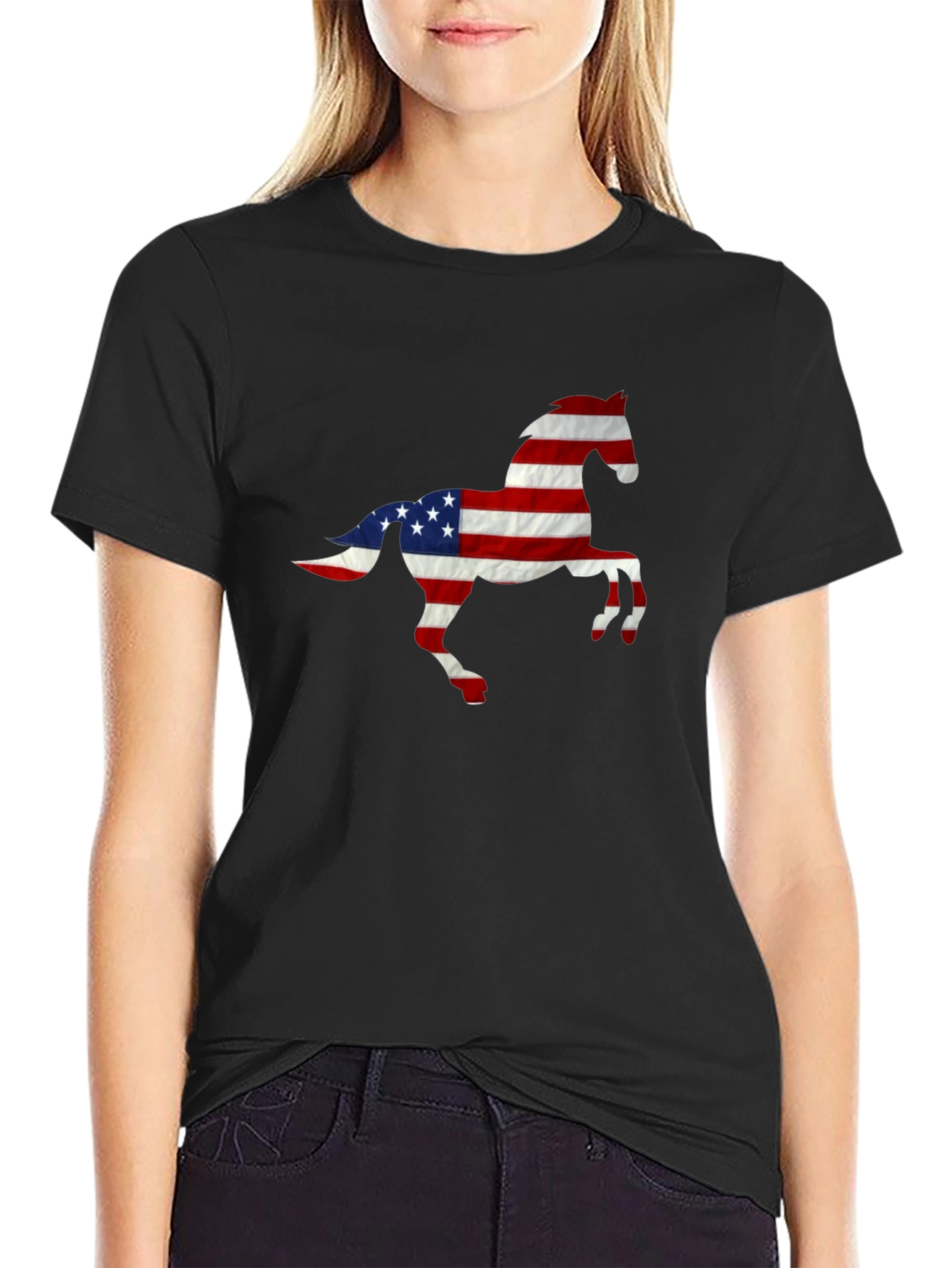 American Flag Horse Graphic Tee - Patriotic Style