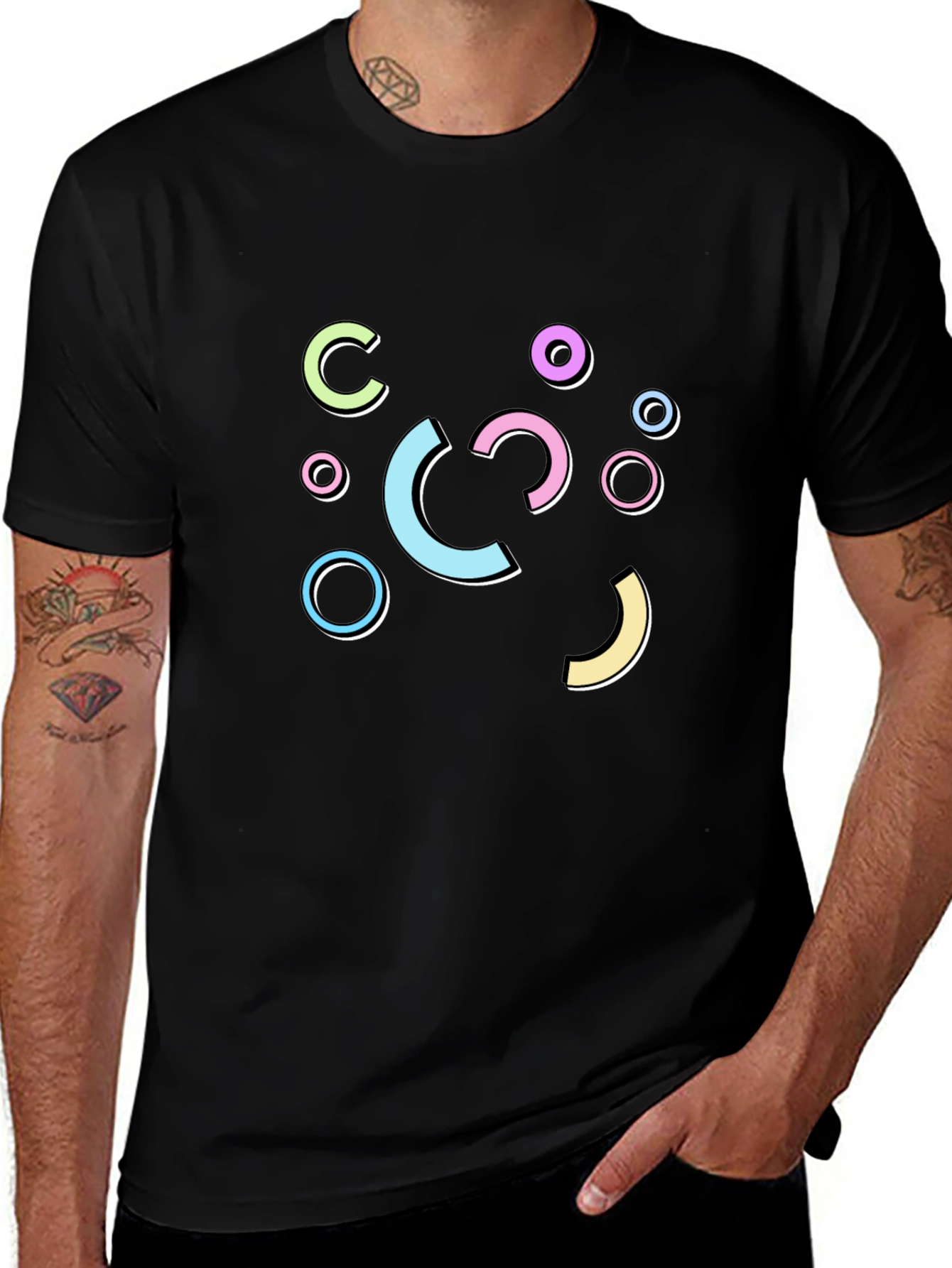 Retro Geometric Graphic Print Black T-Shirt