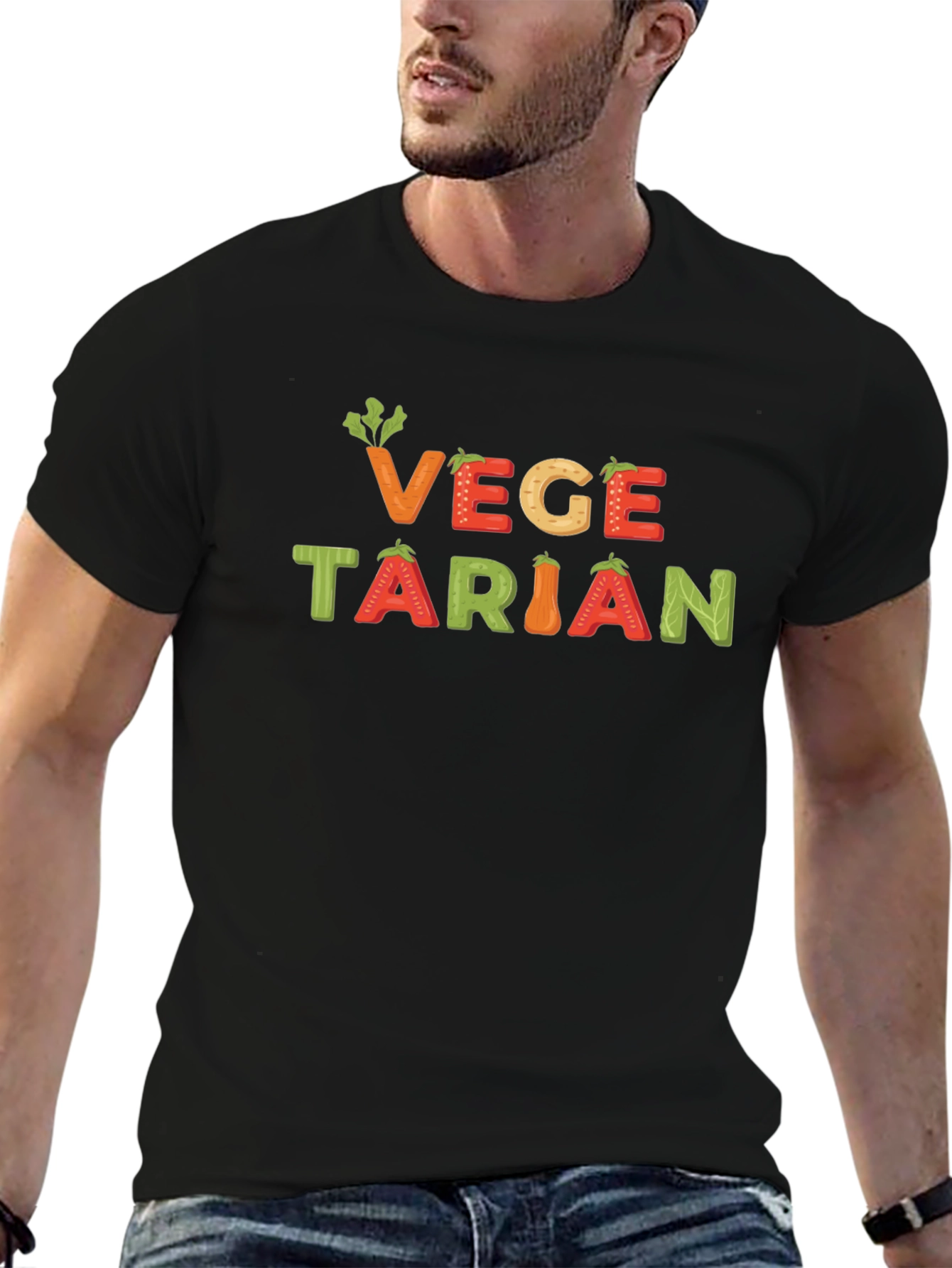 Vegetarian Graphic T-Shirt - Black Crew Neck Tee