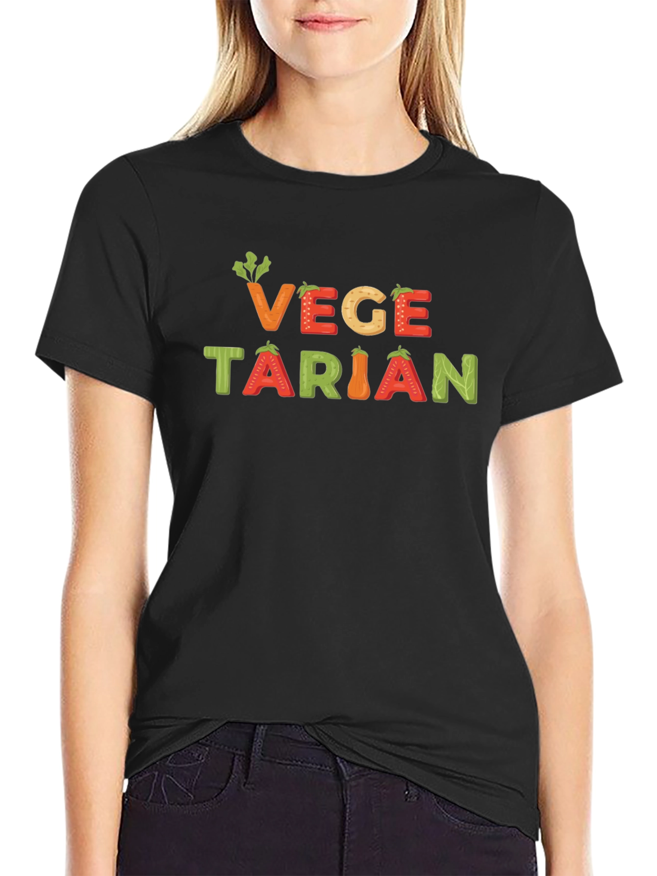 Vegetarian Graphic T-Shirt - Black Crew Neck Tee
